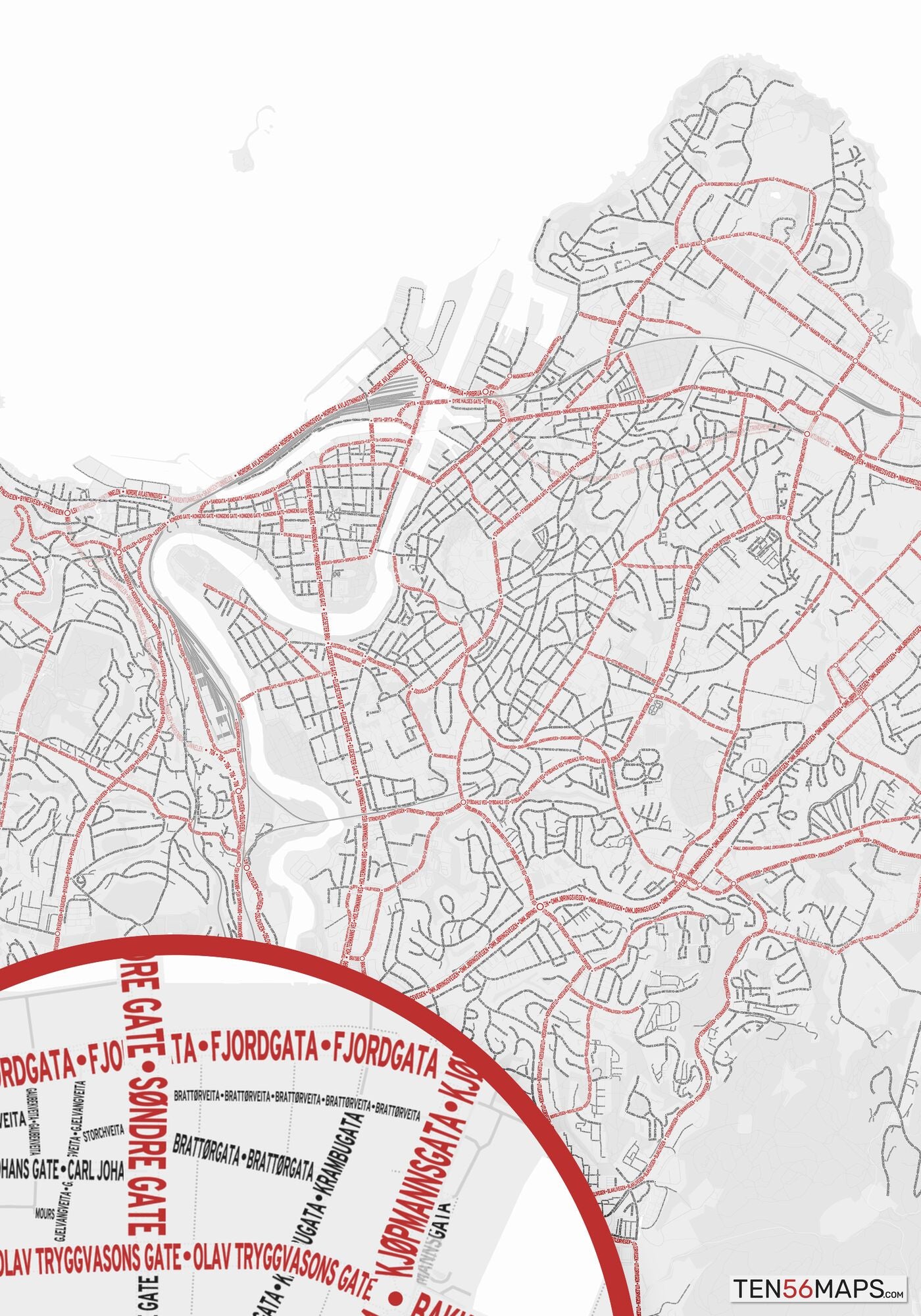 Color Variant Ruby - White with mayor roads in red.