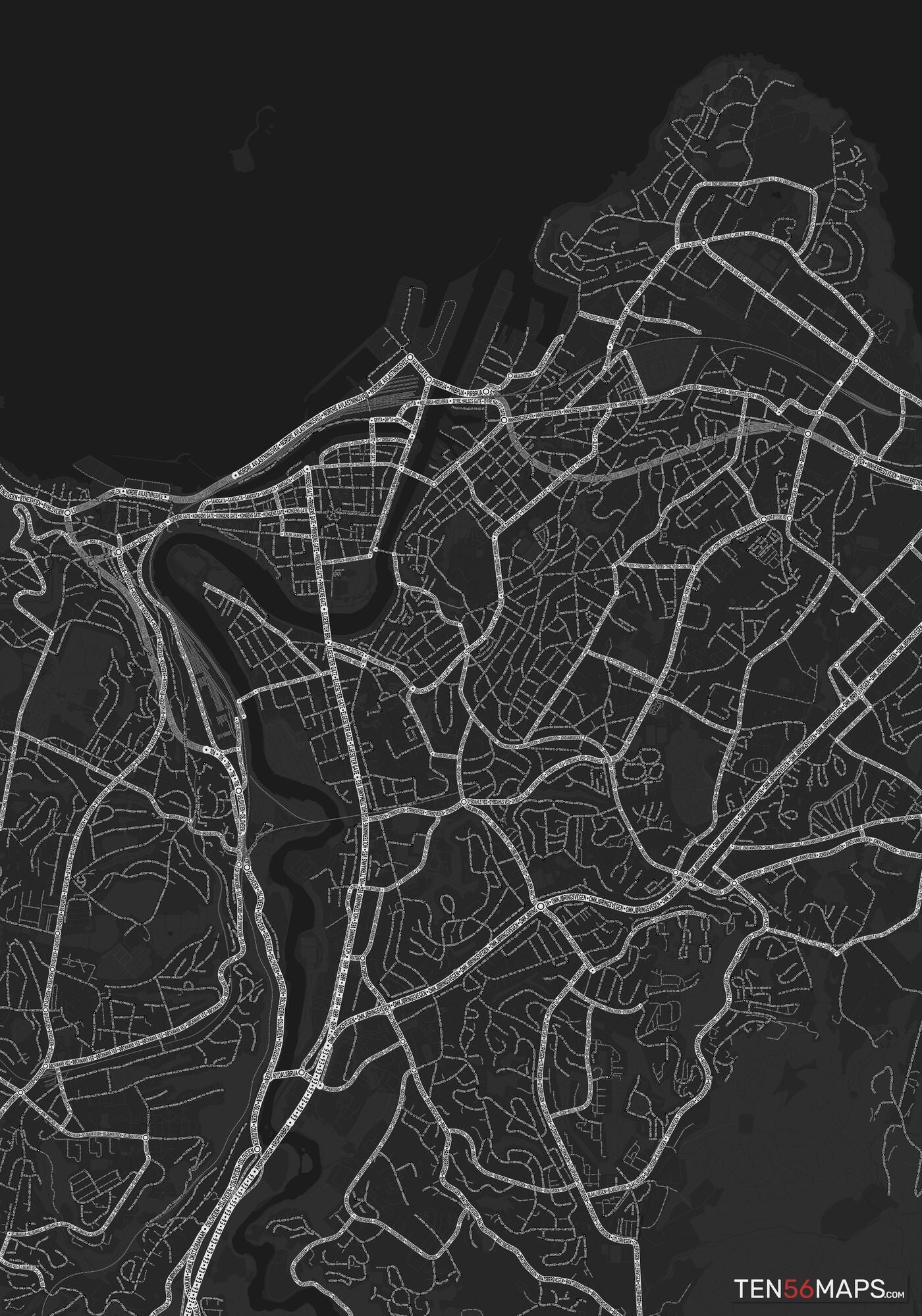 Color Variant Ruby - Dark grey with major roads highlighted in white.