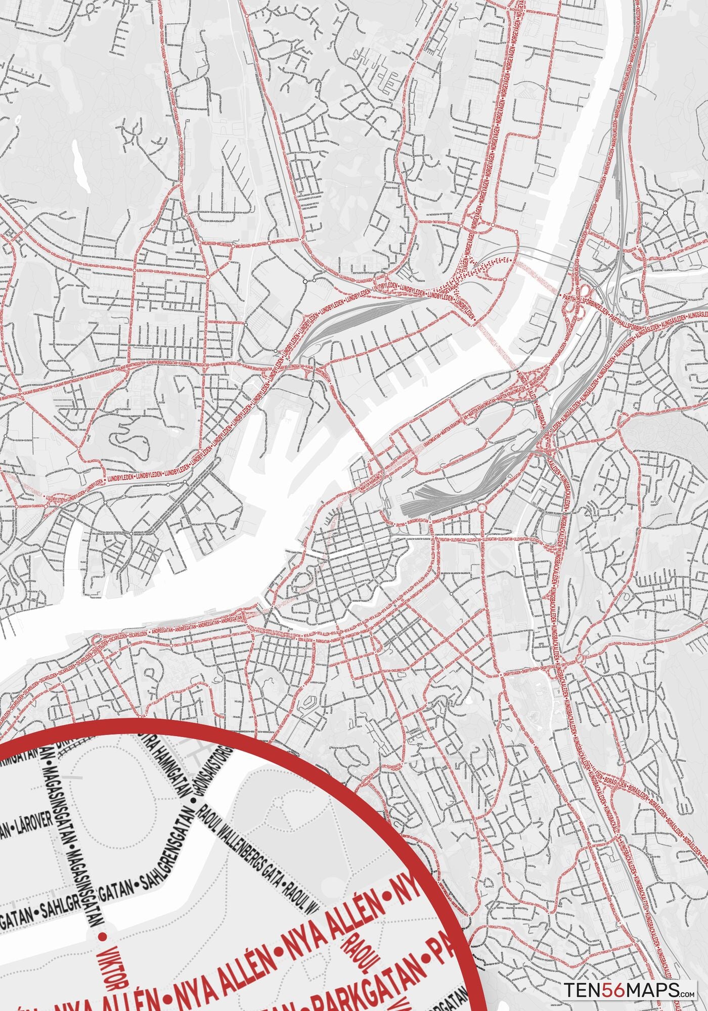 Color Variant Ruby - White with mayor roads in red.