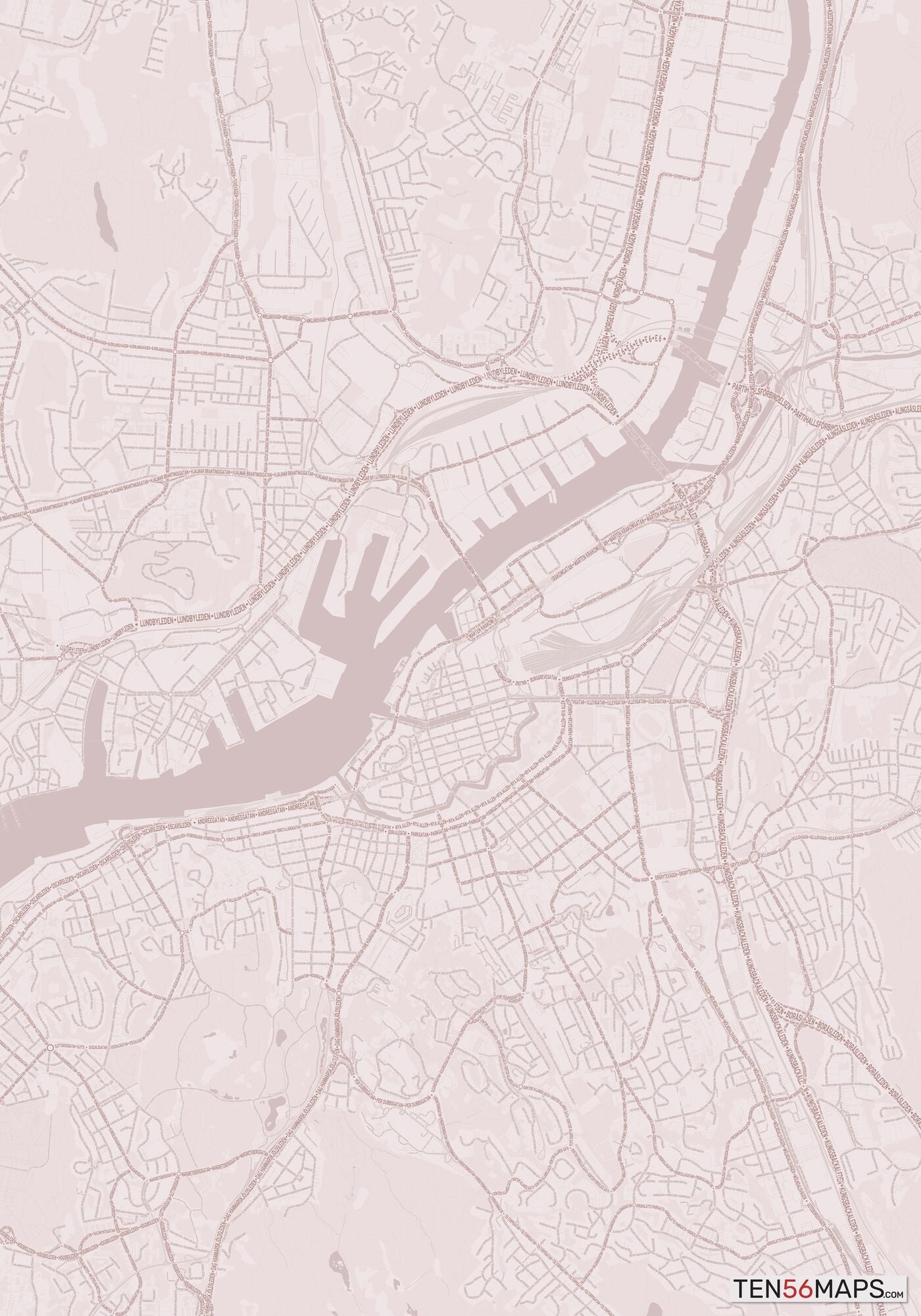 Color Variant Rose - Muted red roads and water.
