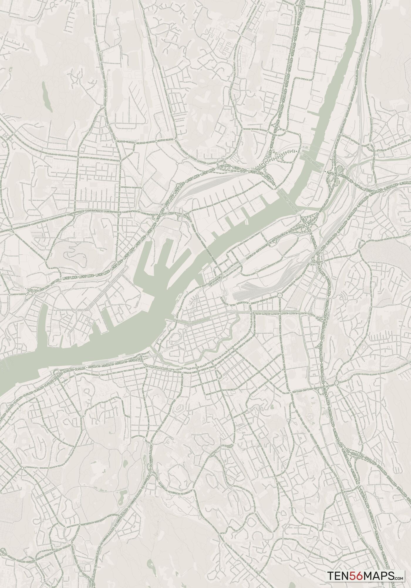 Color Variant Mint - Muted green water and major roads in darker green.