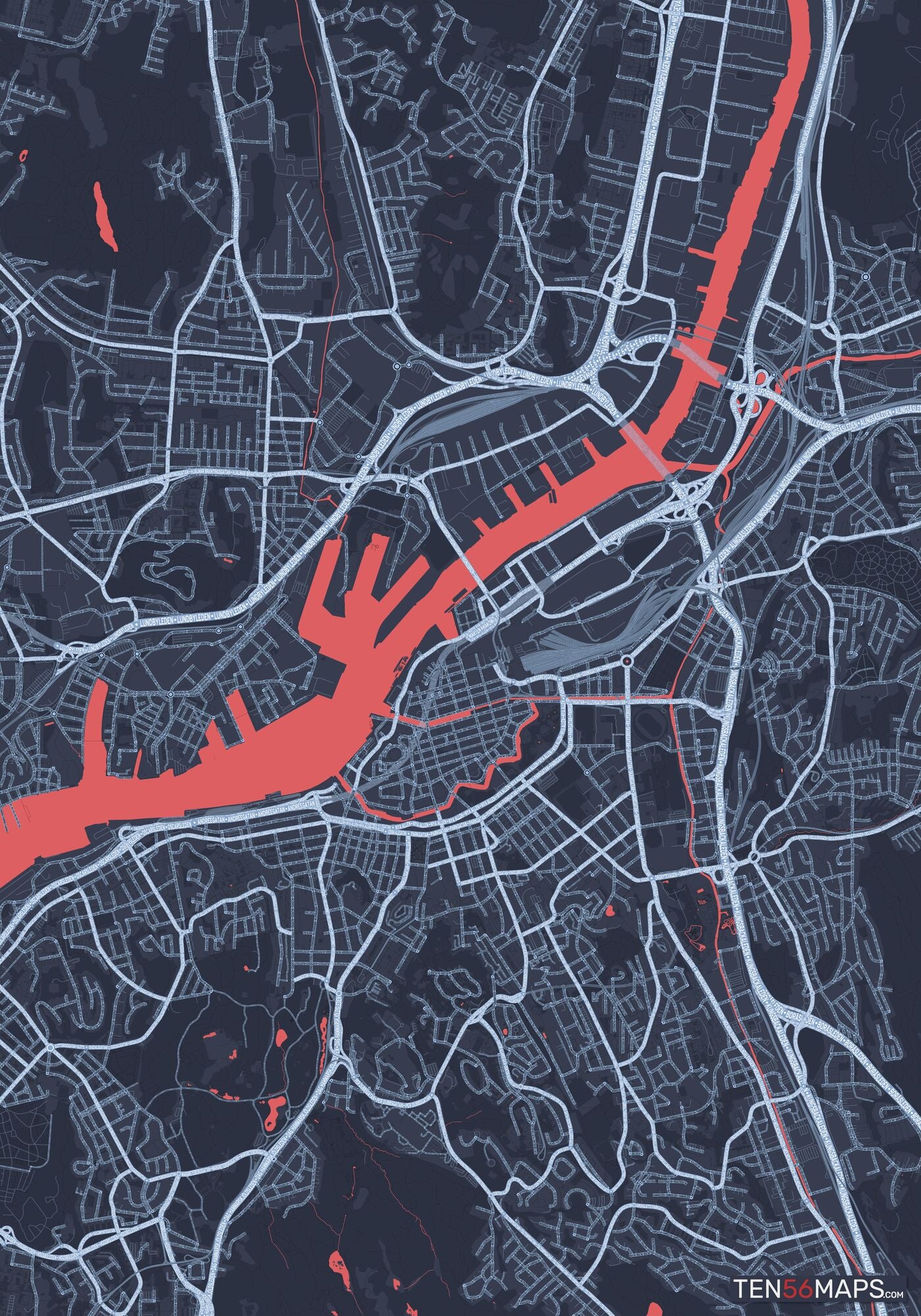 Color Variant Royal - Blue land with water in red.