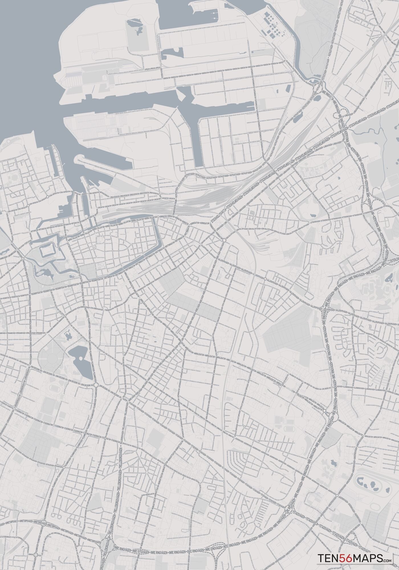 Color Variant Steel - Gray with water and major roads in muted blue.
