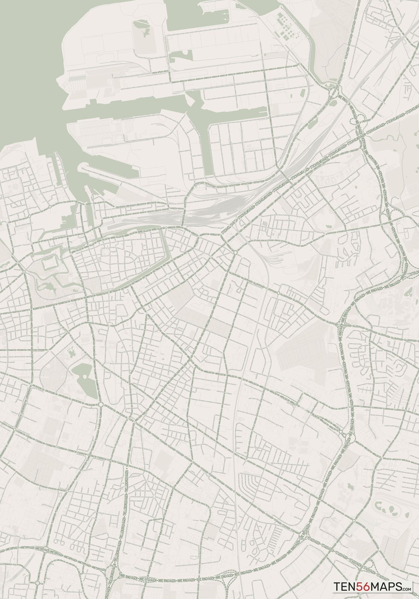Color Variant Mint - Muted green water and major roads in darker green.