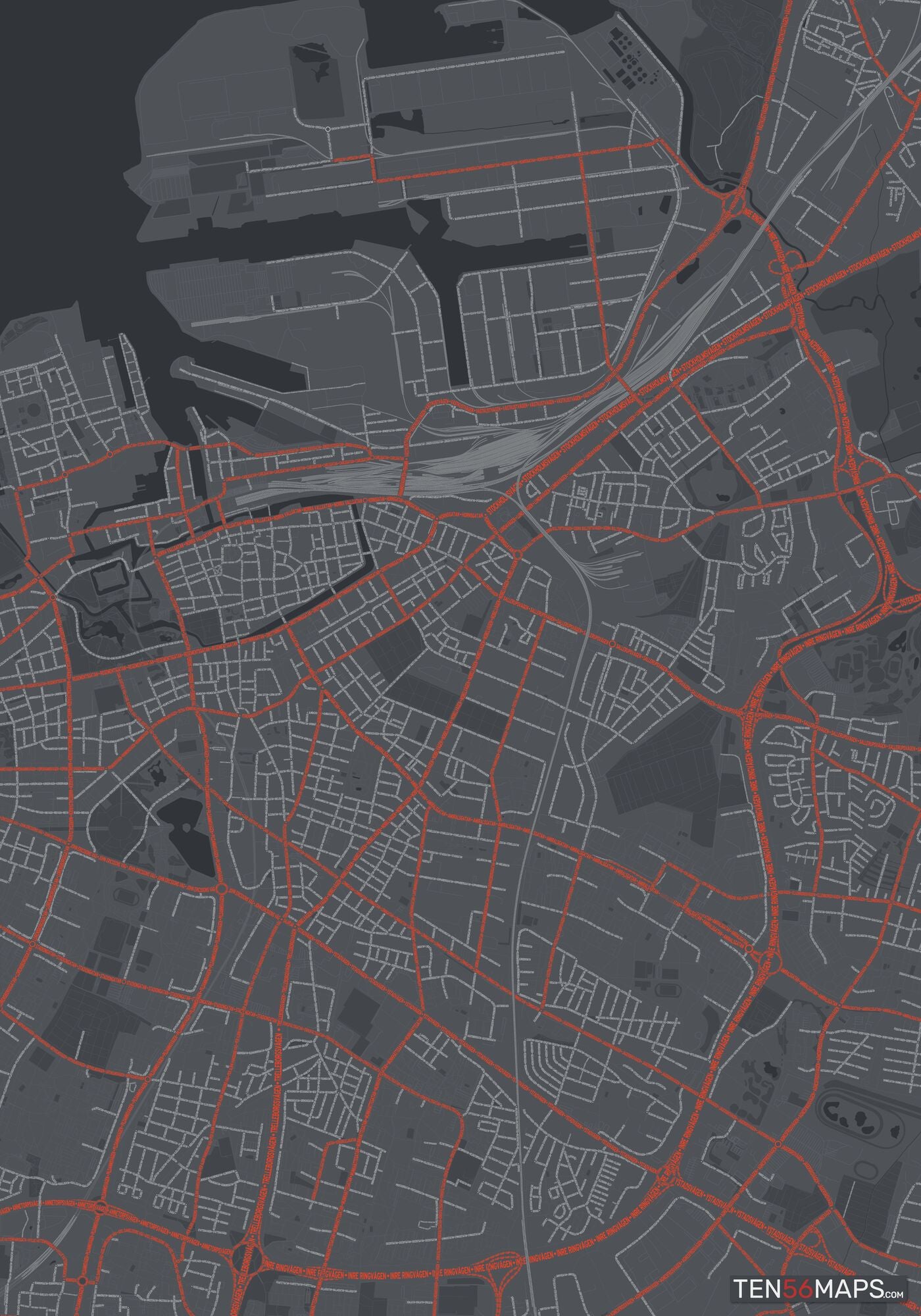 Color Variant Slate - Dark grey with major roads in red.
