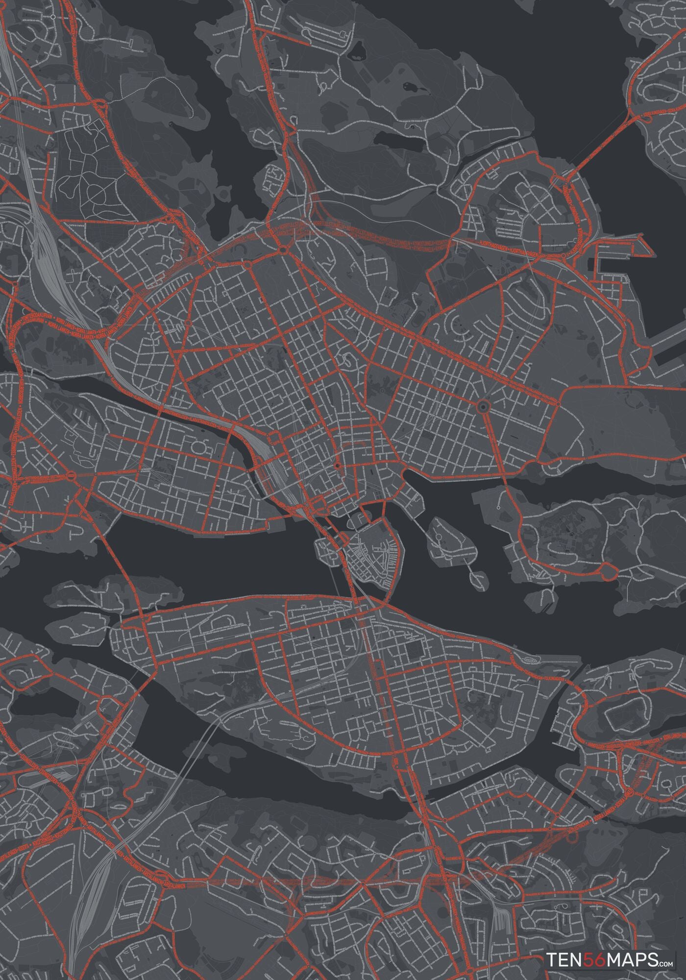 Color Variant Slate - Dark grey with major roads in red.