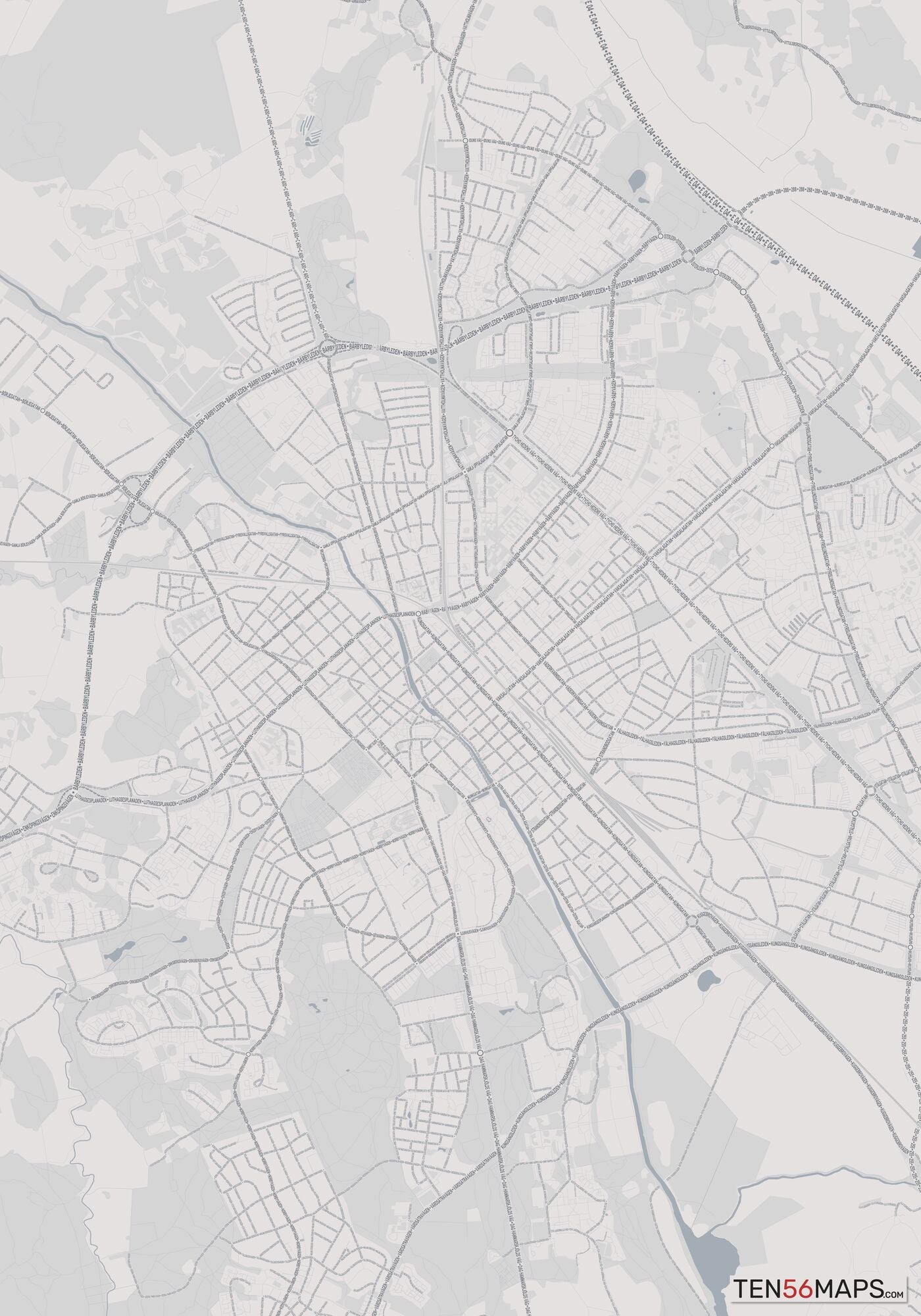 Color Variant Steel - Gray with water and major roads in muted blue.