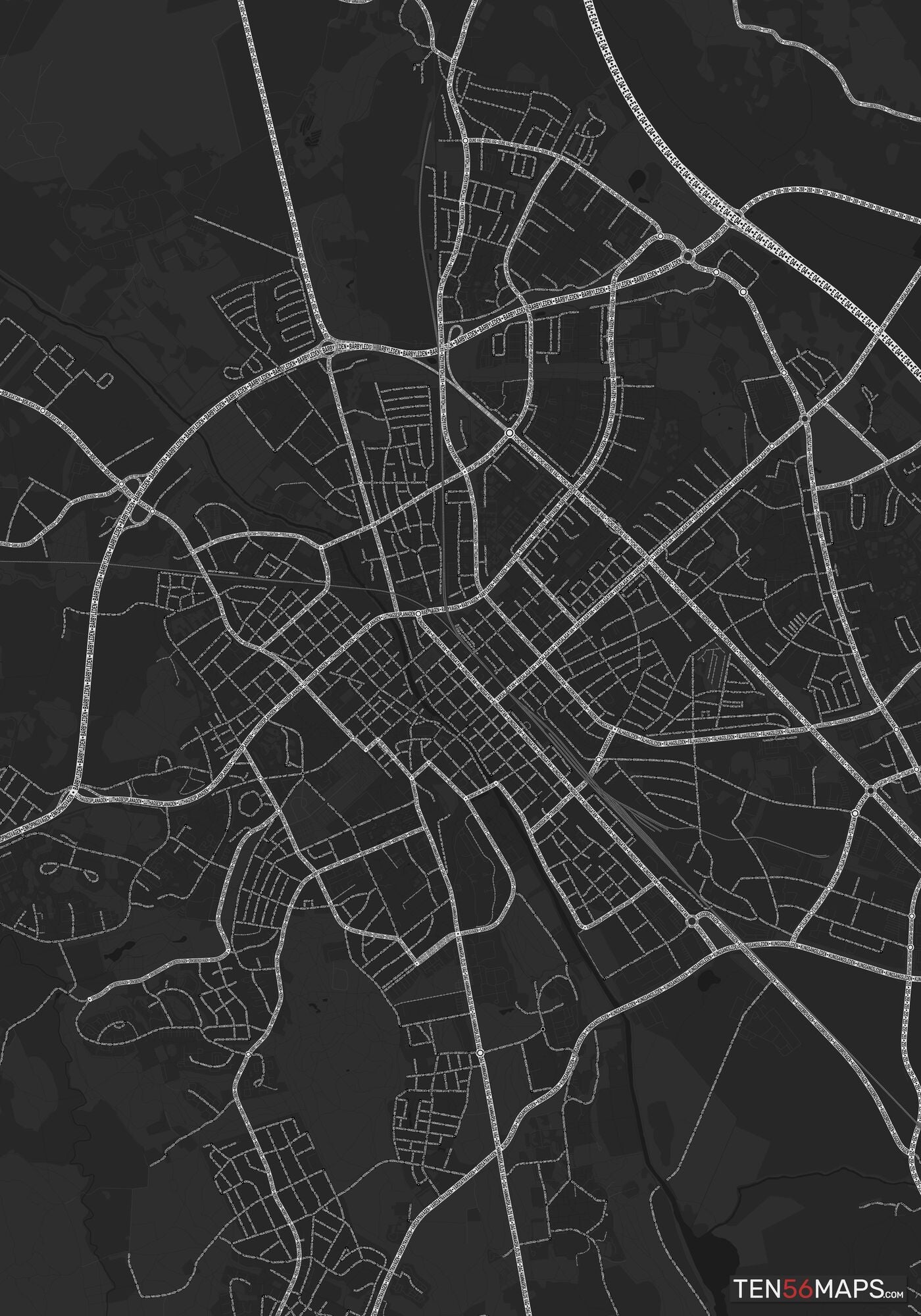 Color Variant Ruby - Dark grey with major roads highlighted in white.