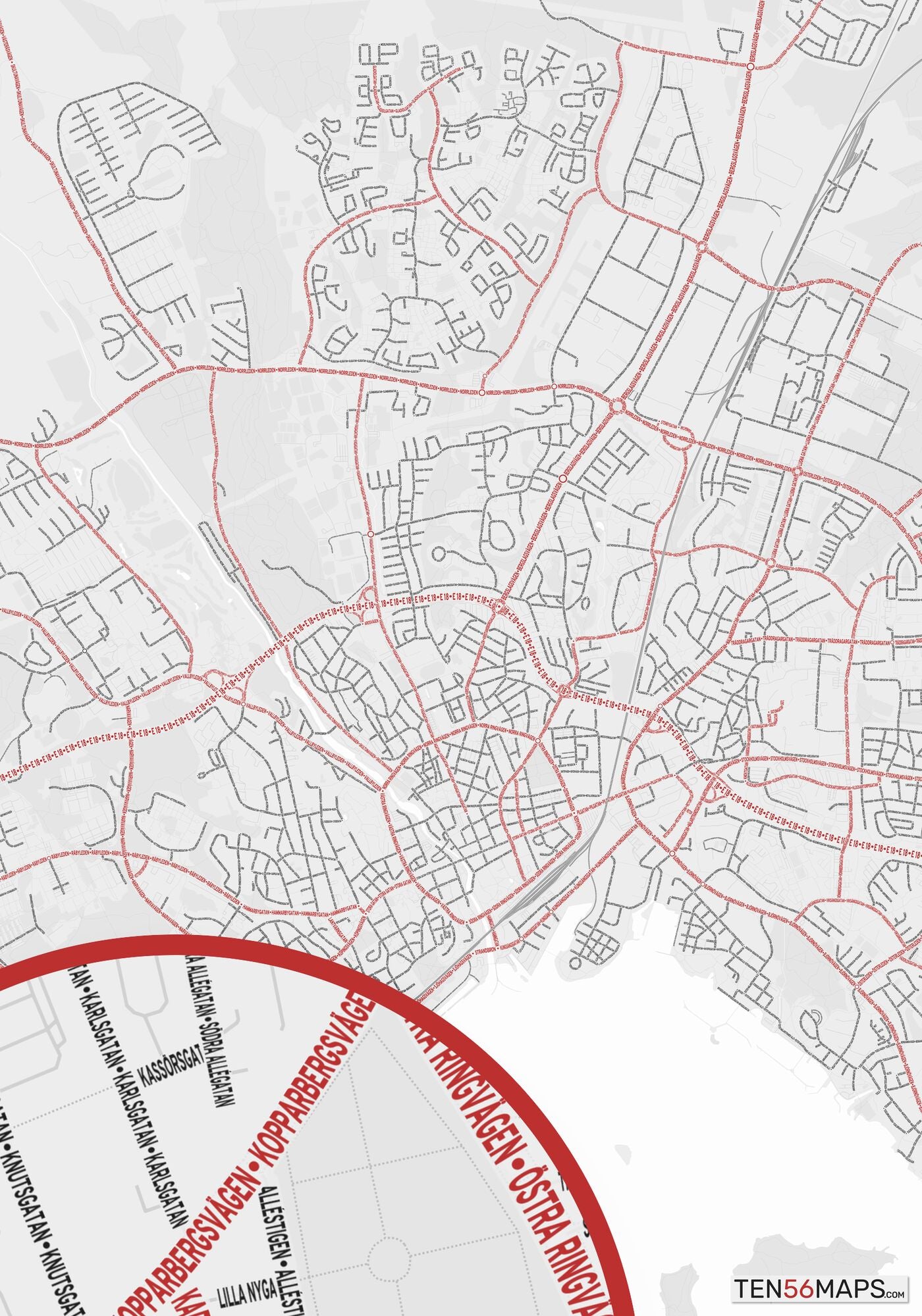 Color Variant Ruby - White with mayor roads in red.