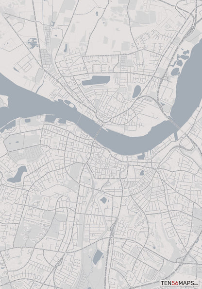 Color Variant Steel - Gray with water and major roads in muted blue.