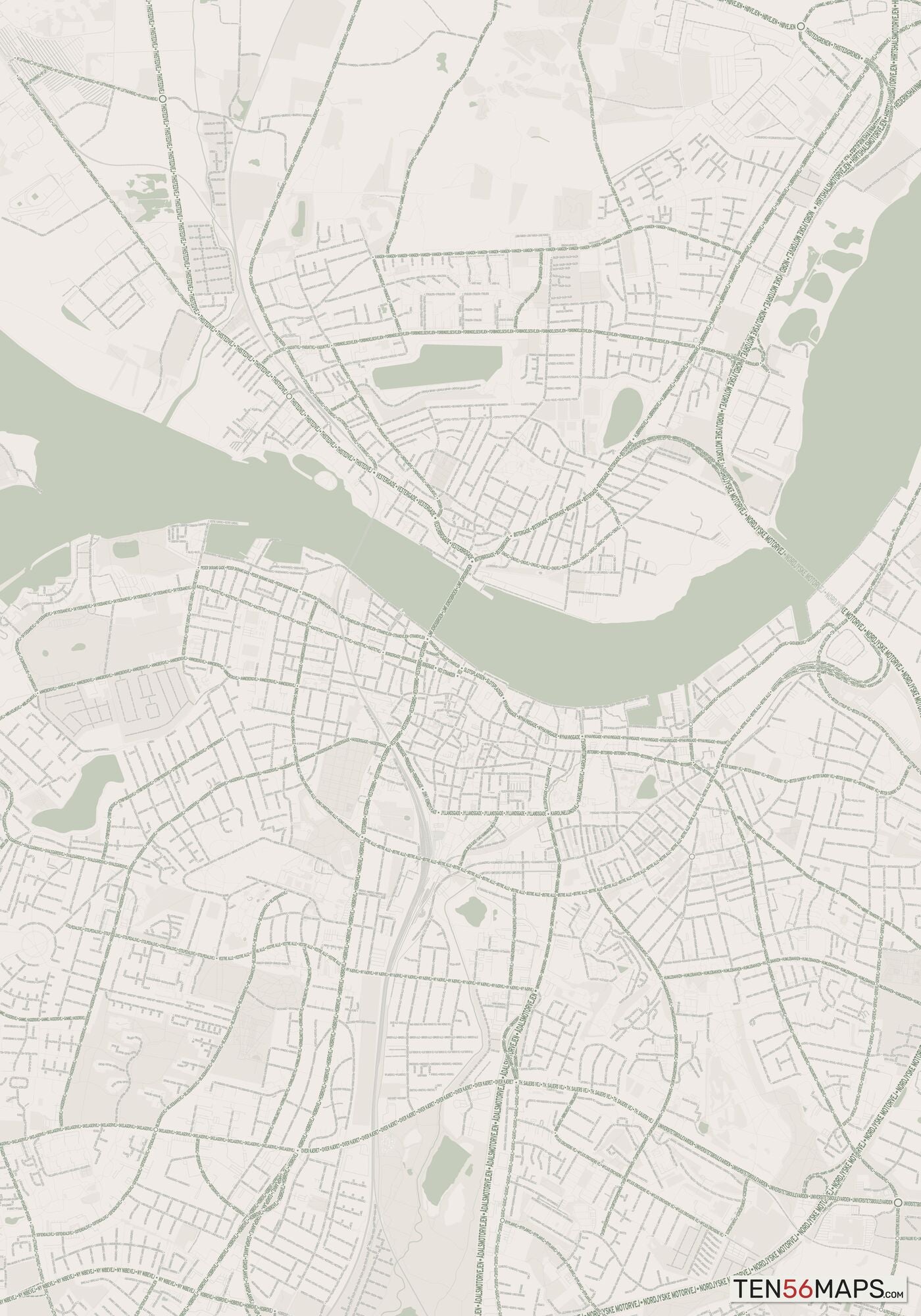 Color Variant Mint - Muted green water and major roads in darker green.