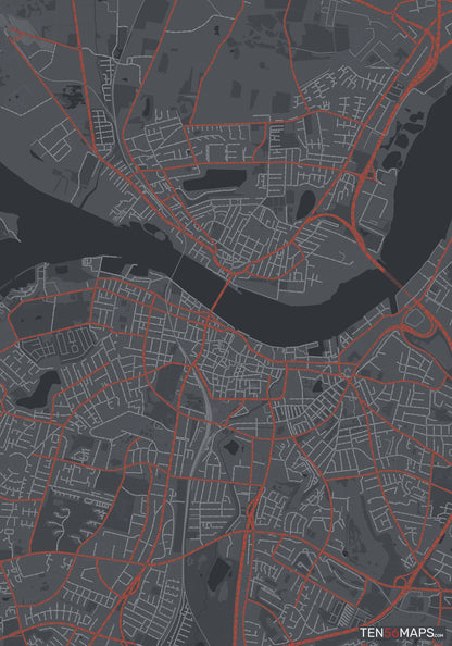 Color Variant Slate - Dark grey with major roads in red.