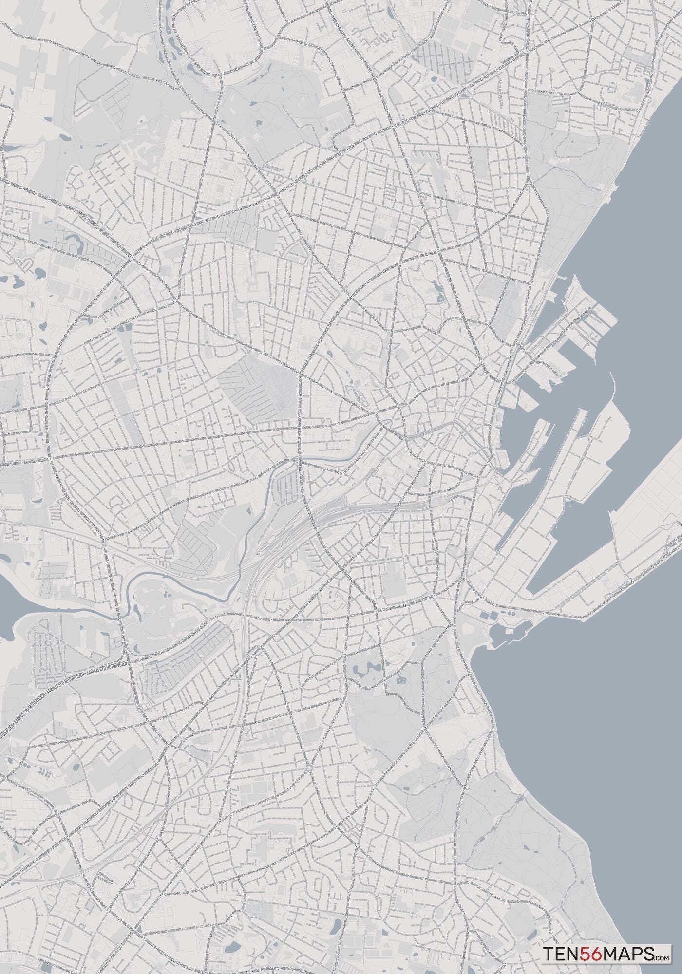 Color Variant Steel - Gray with water and major roads in muted blue.