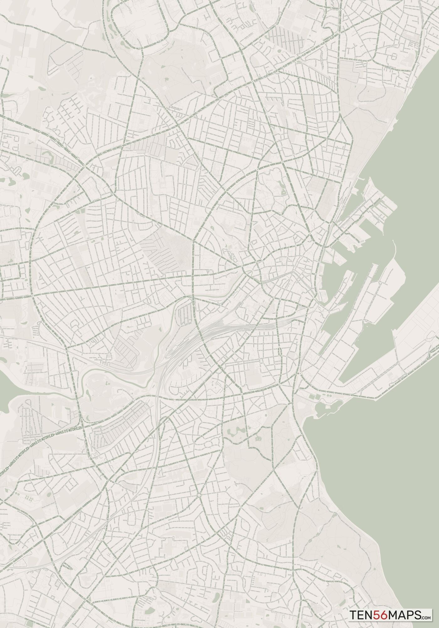 Color Variant Mint - Muted green water and major roads in darker green.