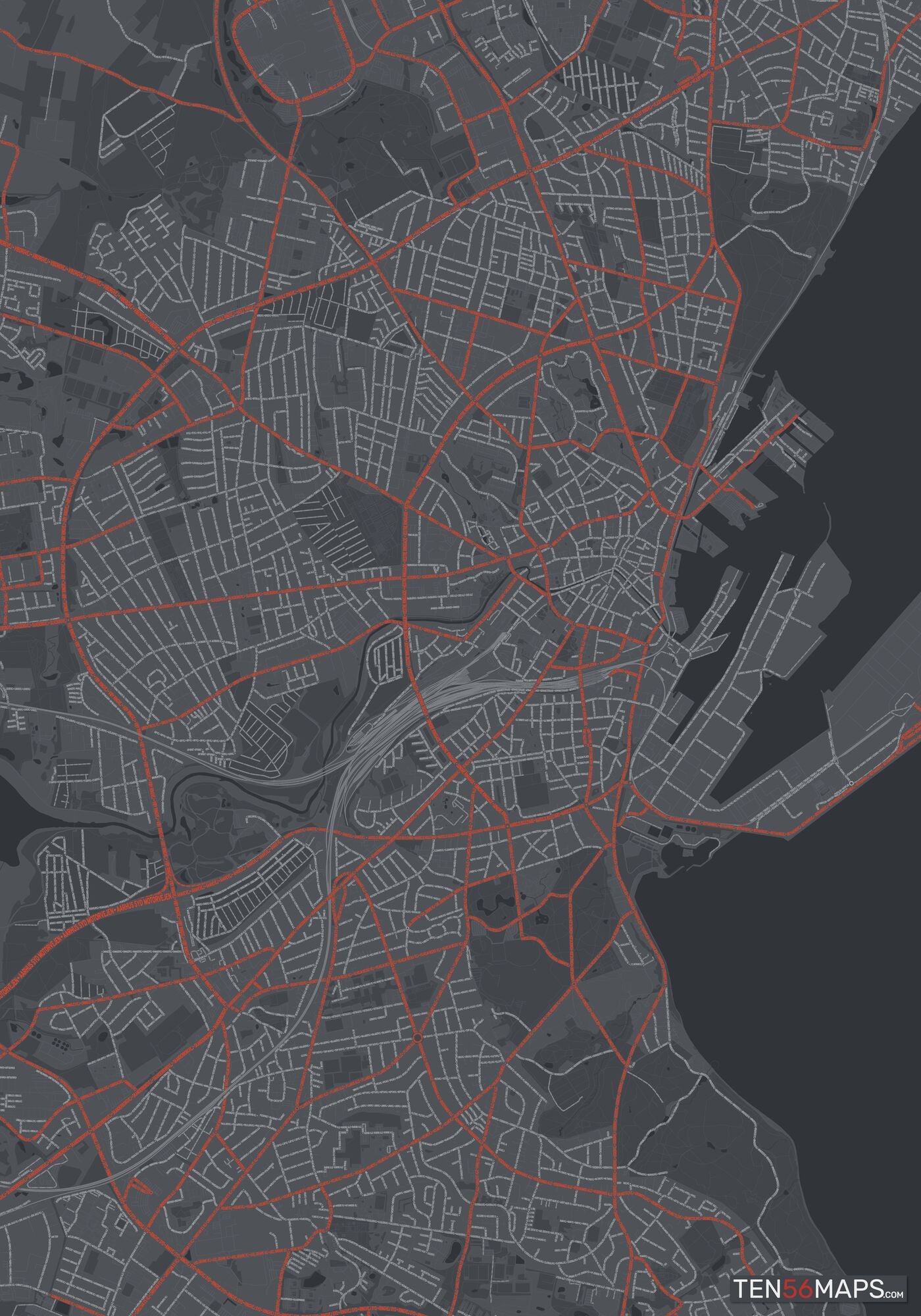 Color Variant Slate - Dark grey with major roads in red.