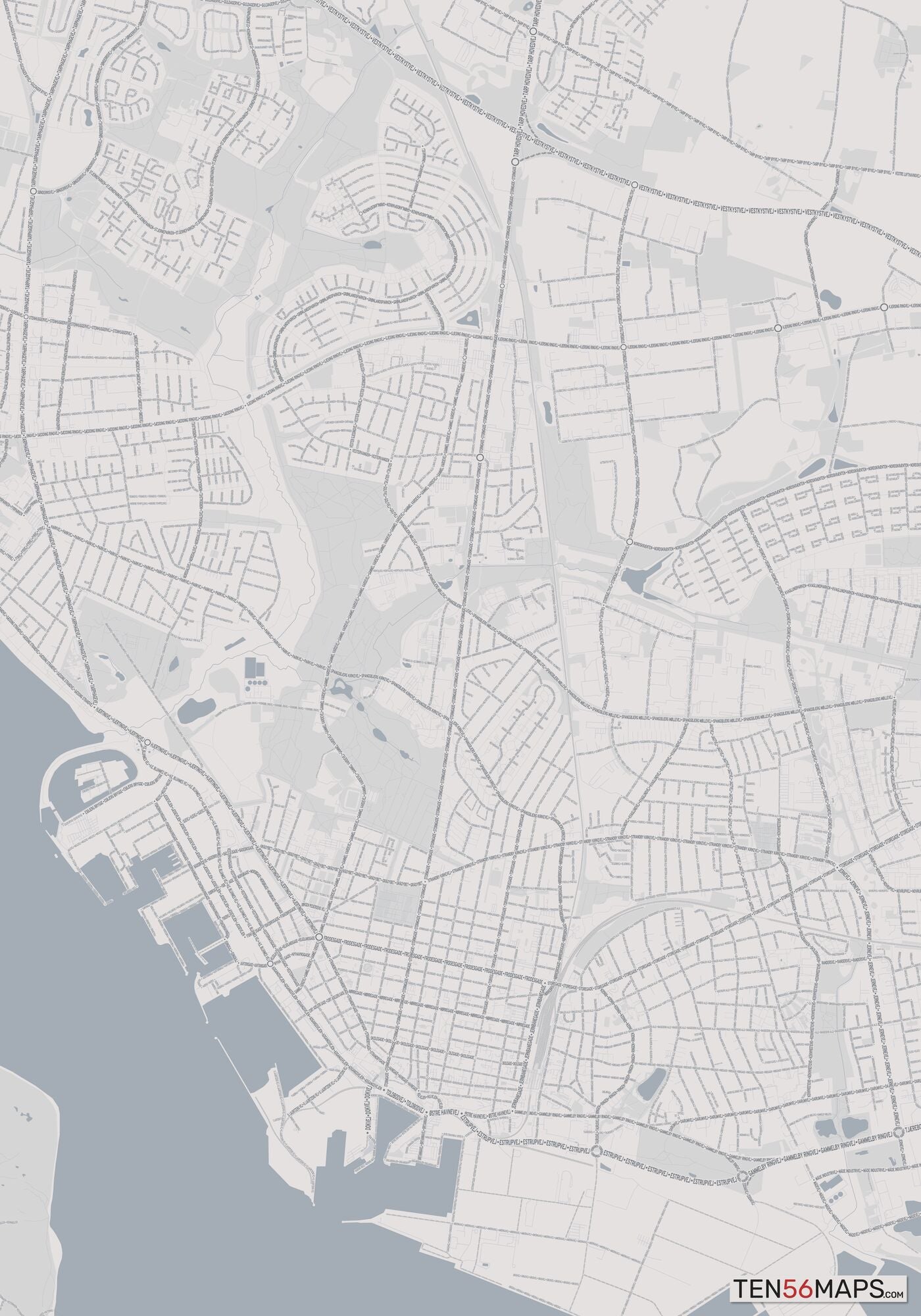 Color Variant Steel - Gray with water and major roads in muted blue.