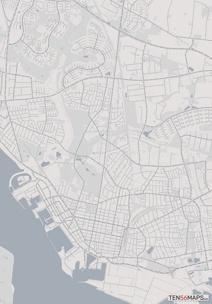 Color Variant Steel - Gray with water and major roads in muted blue.