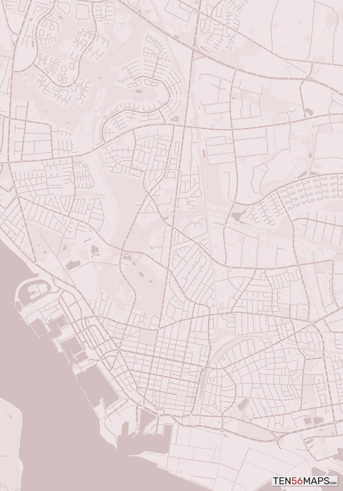 Color Variant Rose - Muted red roads and water.