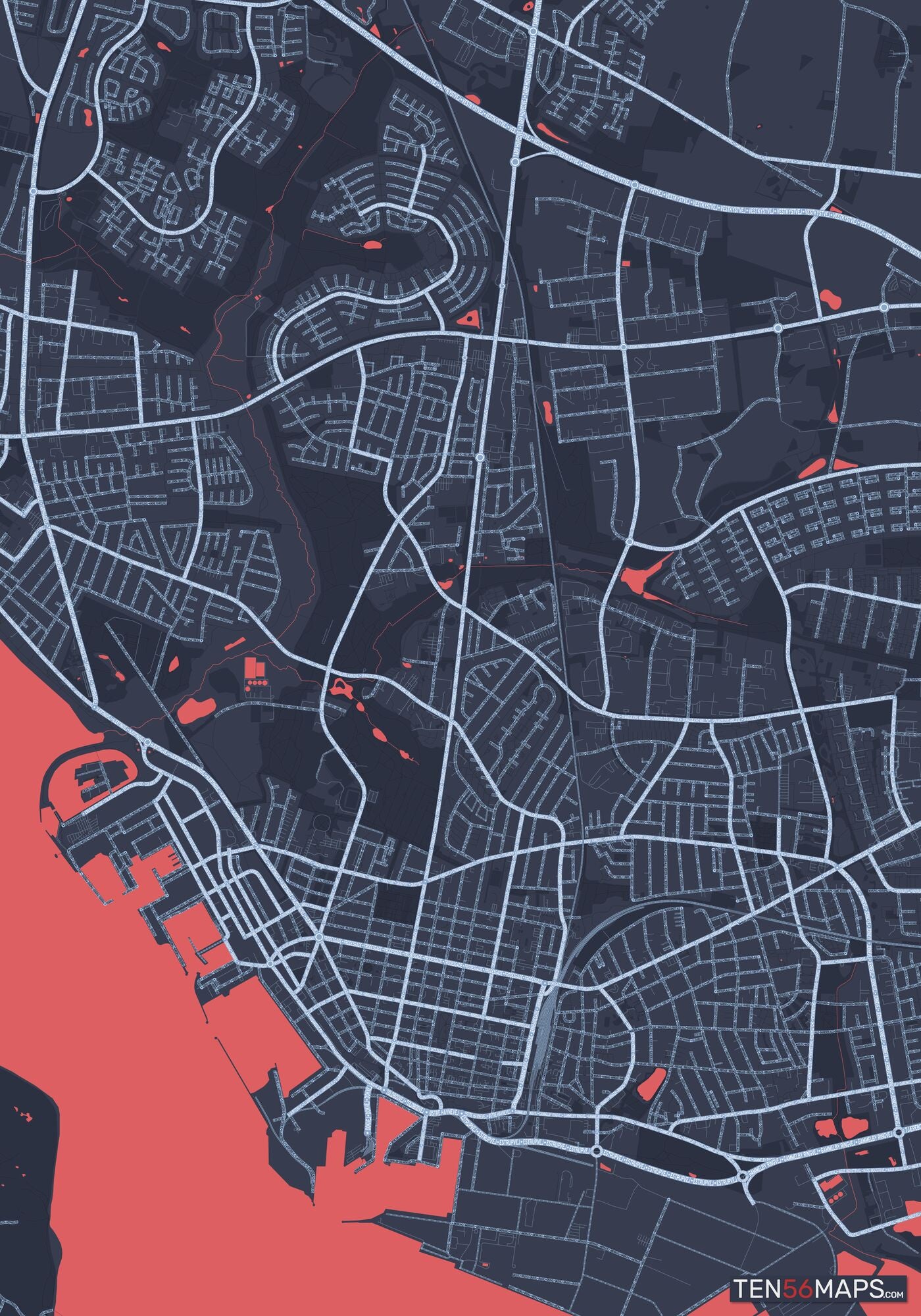 Color Variant Royal - Blue land with water in red.