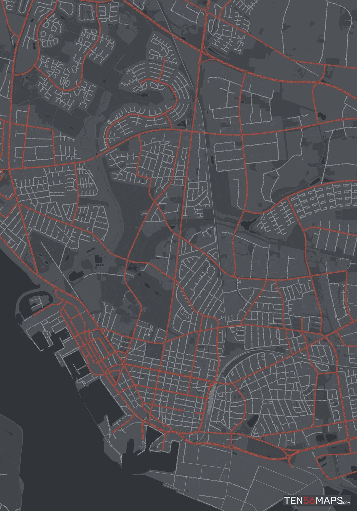 Color Variant Slate - Dark grey with major roads in red.