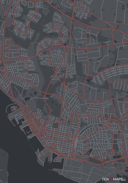 Color Variant Slate - Dark grey with major roads in red.