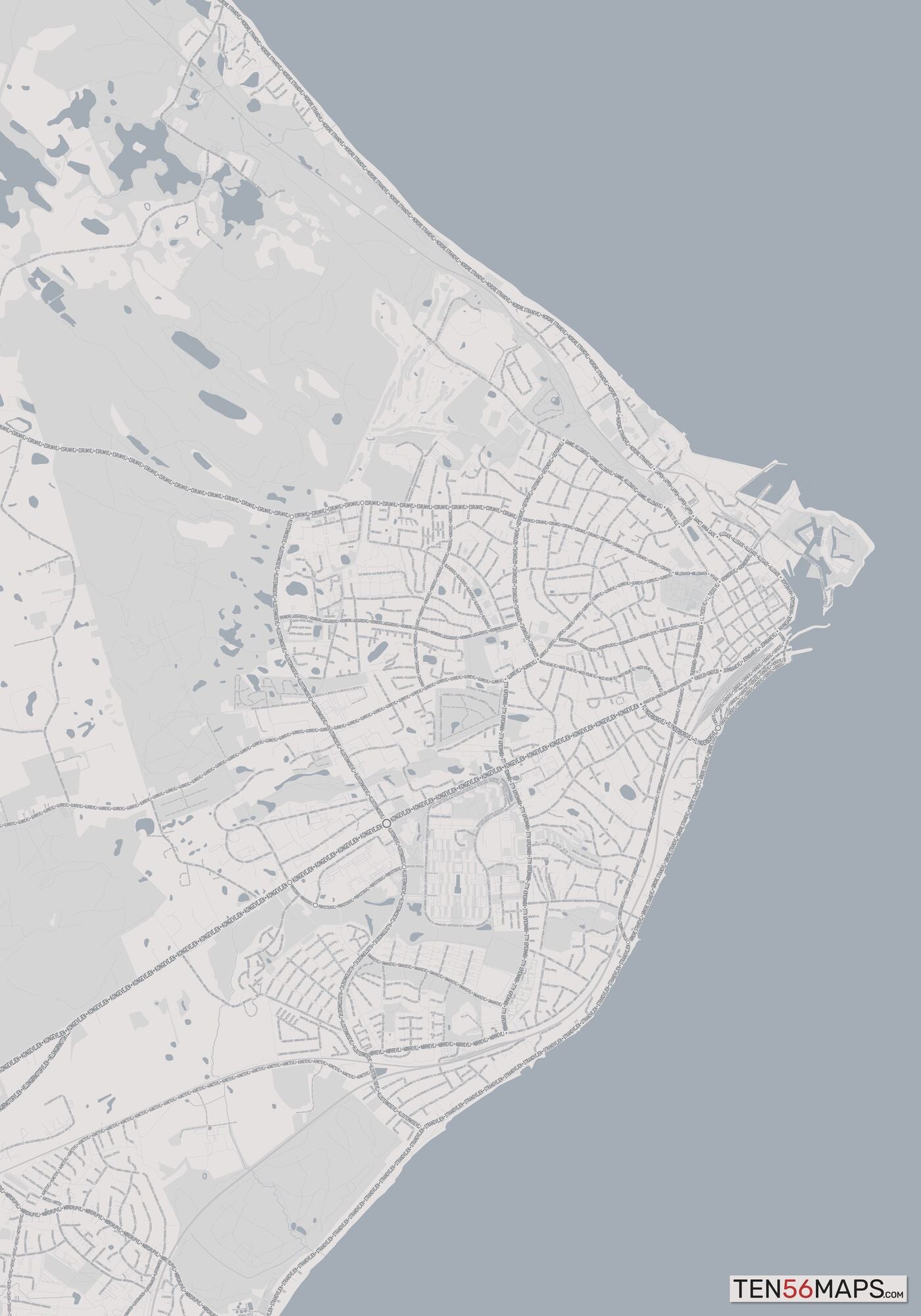 Color Variant Steel - Gray with water and major roads in muted blue.