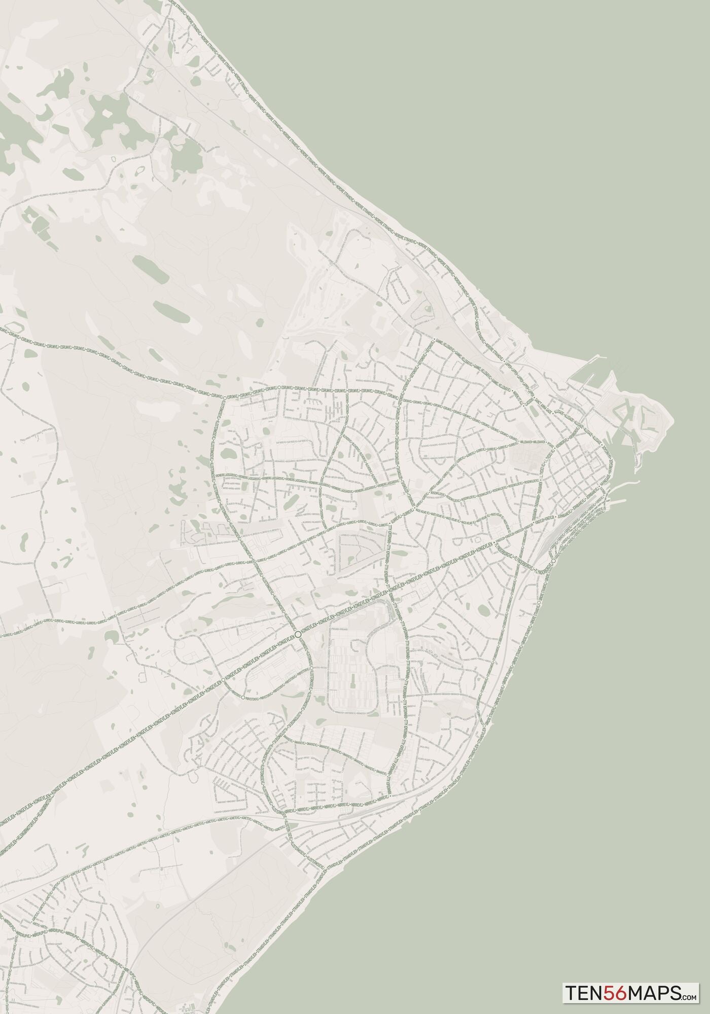 Color Variant Mint - Muted green water and major roads in darker green.