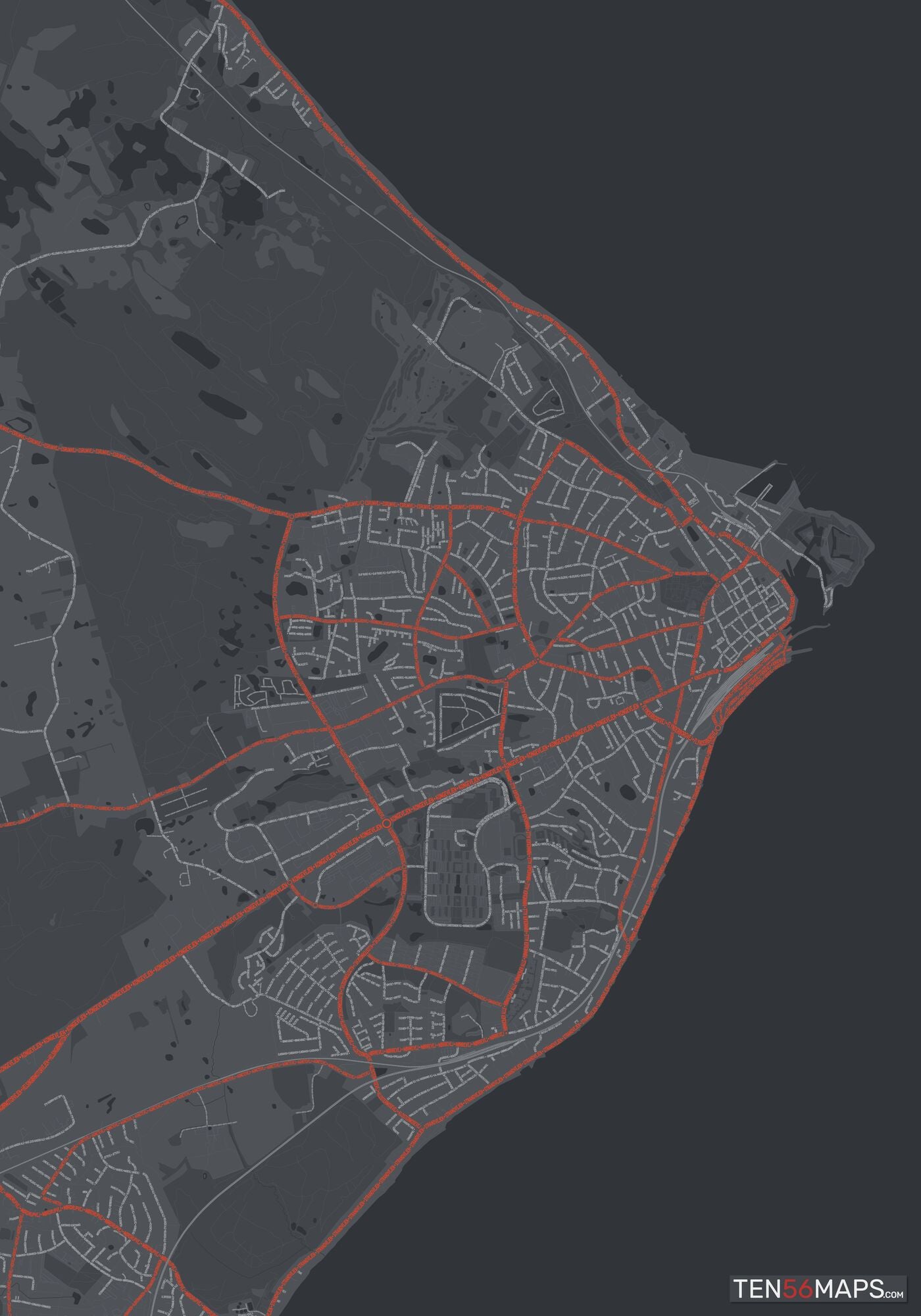 Color Variant Slate - Dark grey with major roads in red.