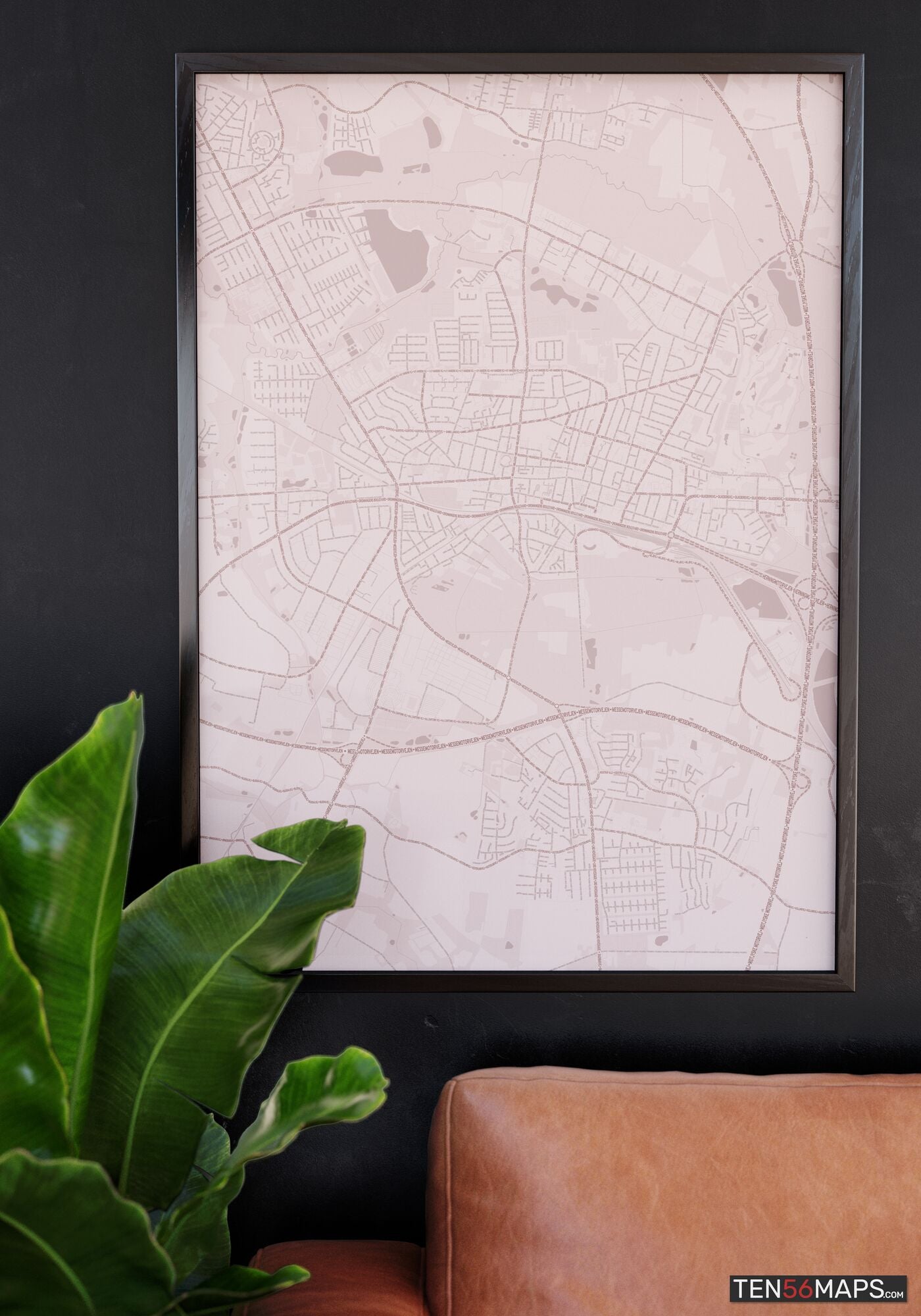 Poster hanging over couch in Rose color scheme