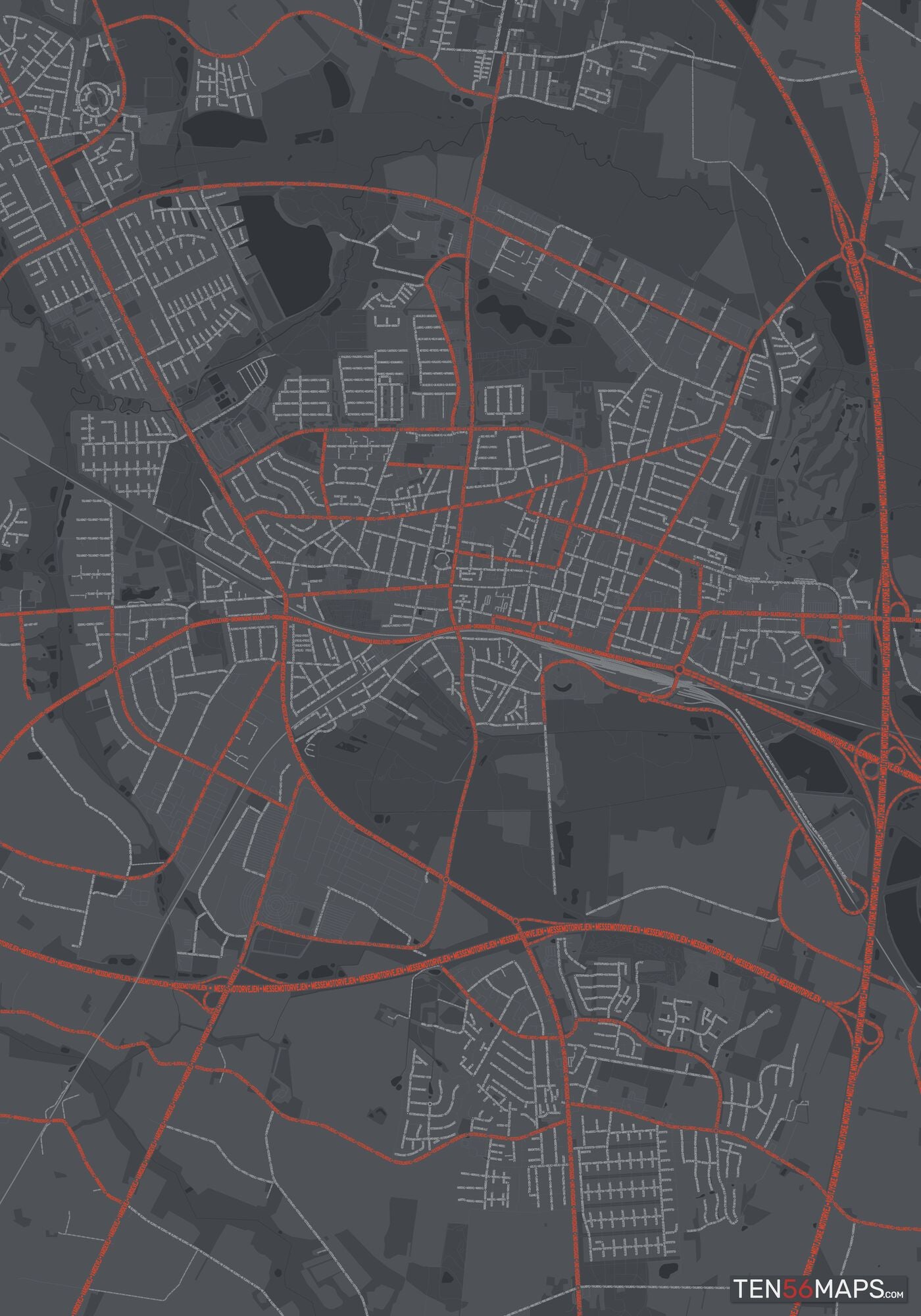 Color Variant Slate - Dark grey with major roads in red.