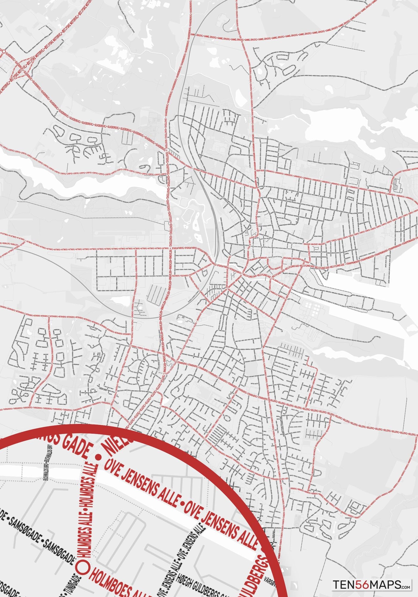 Color Variant Ruby - White with mayor roads in red.