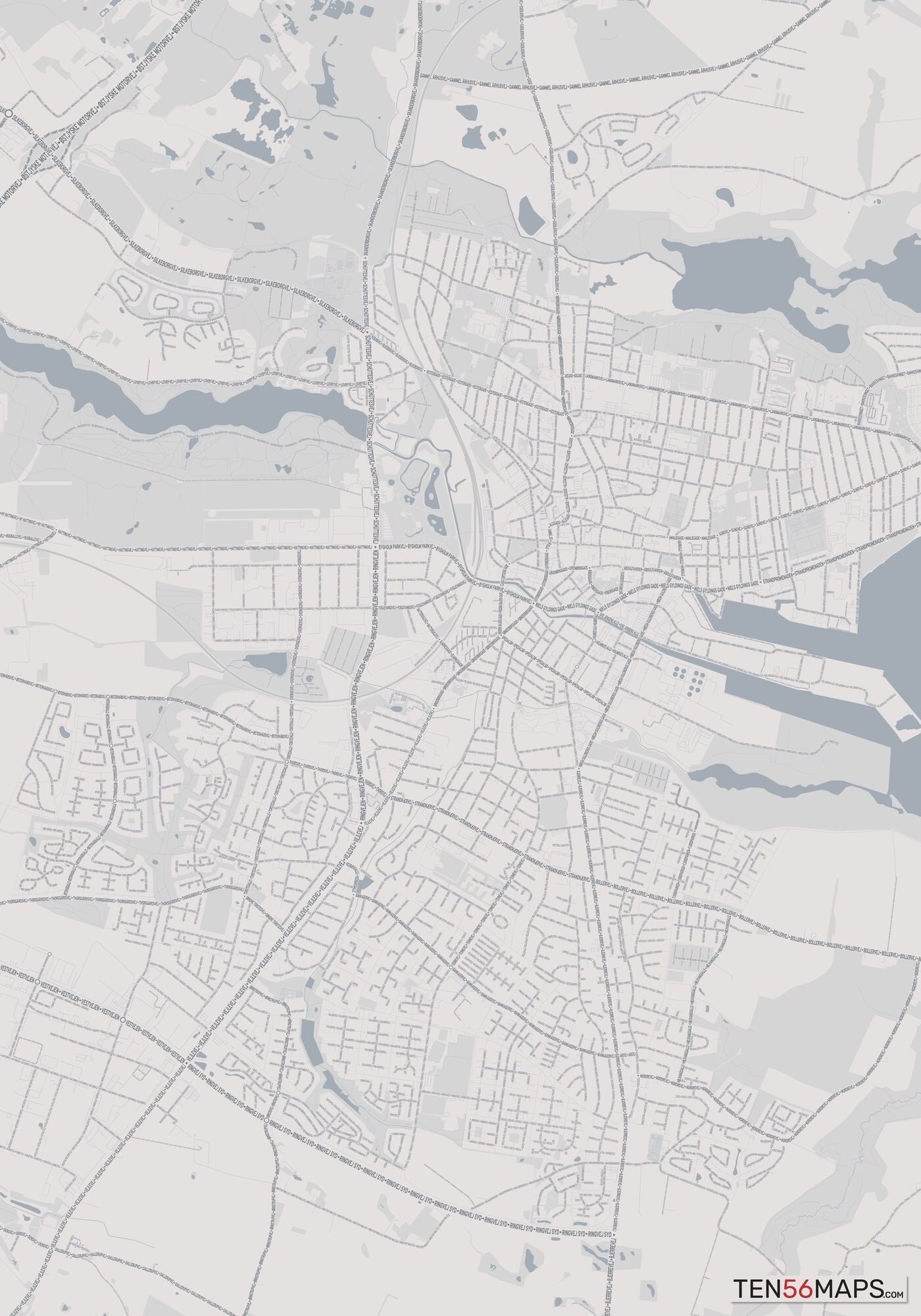 Color Variant Steel - Gray with water and major roads in muted blue.