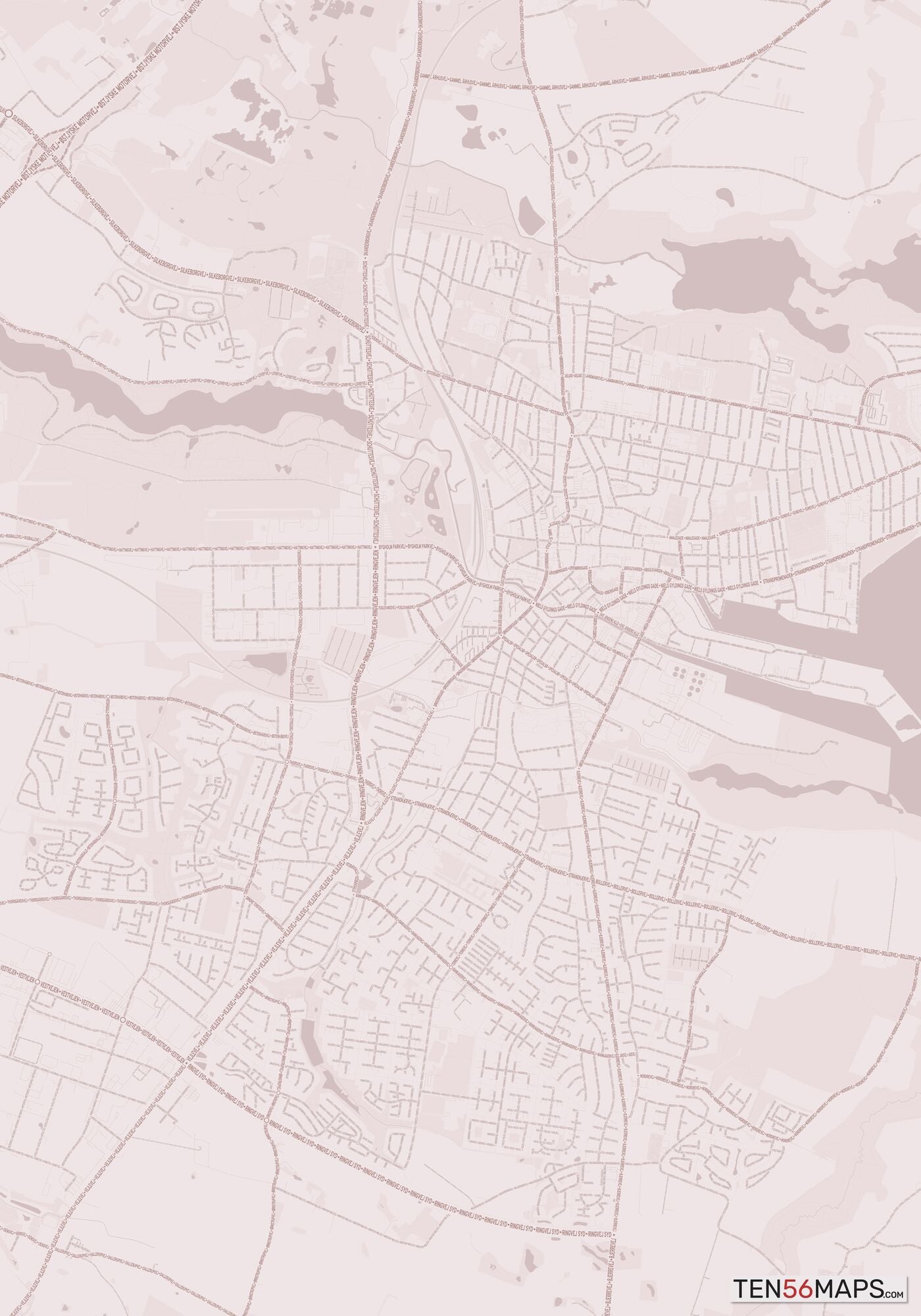 Color Variant Rose - Muted red roads and water.