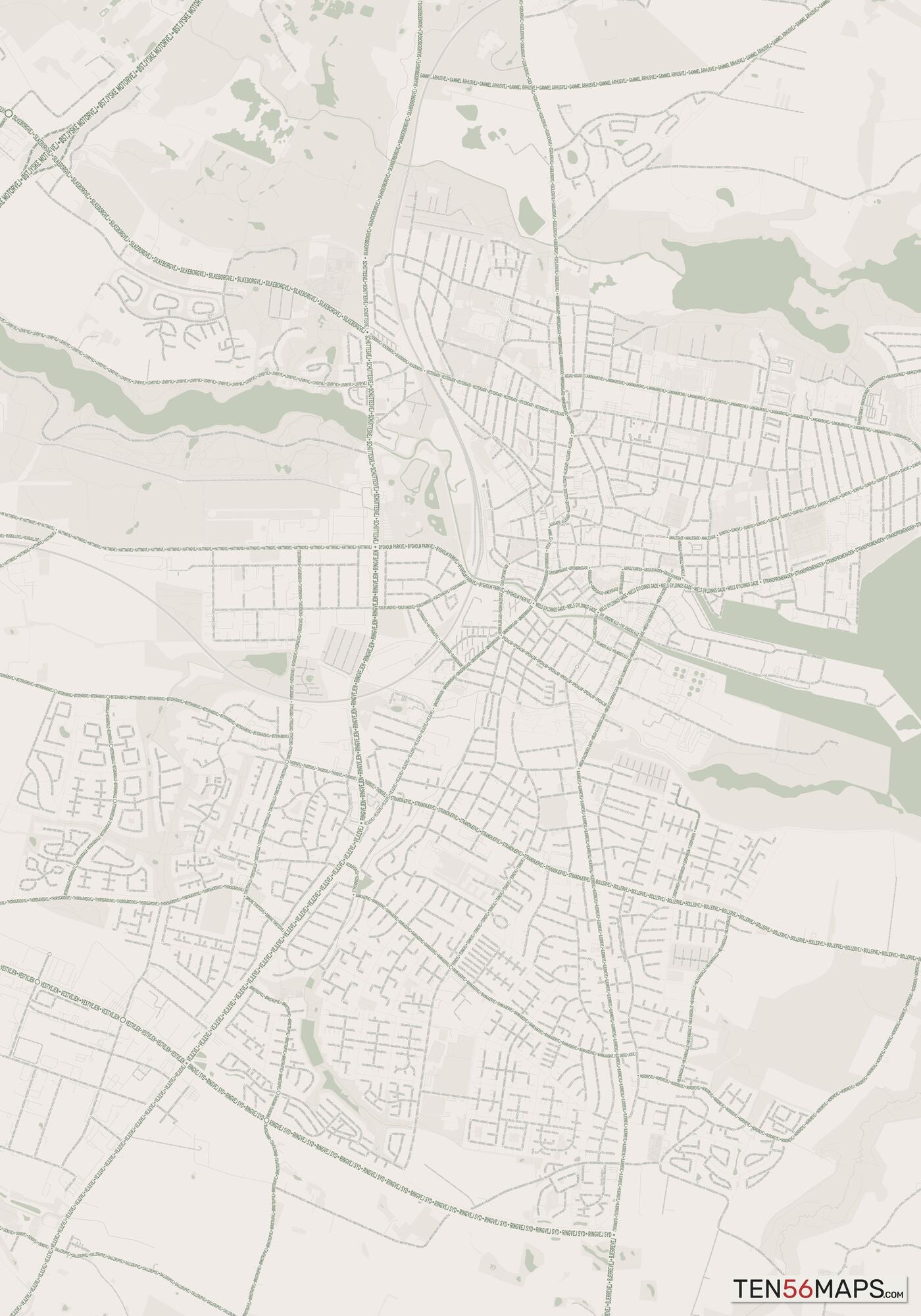 Color Variant Mint - Muted green water and major roads in darker green.