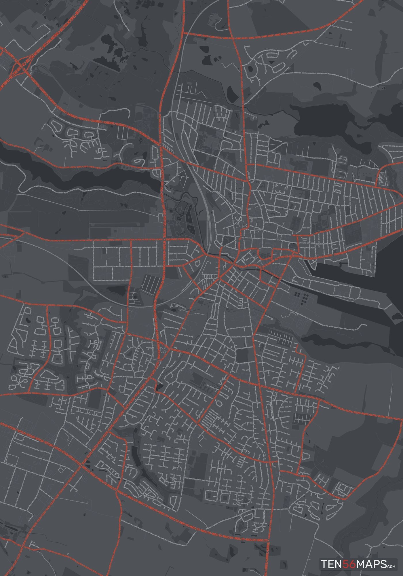 Color Variant Slate - Dark grey with major roads in red.