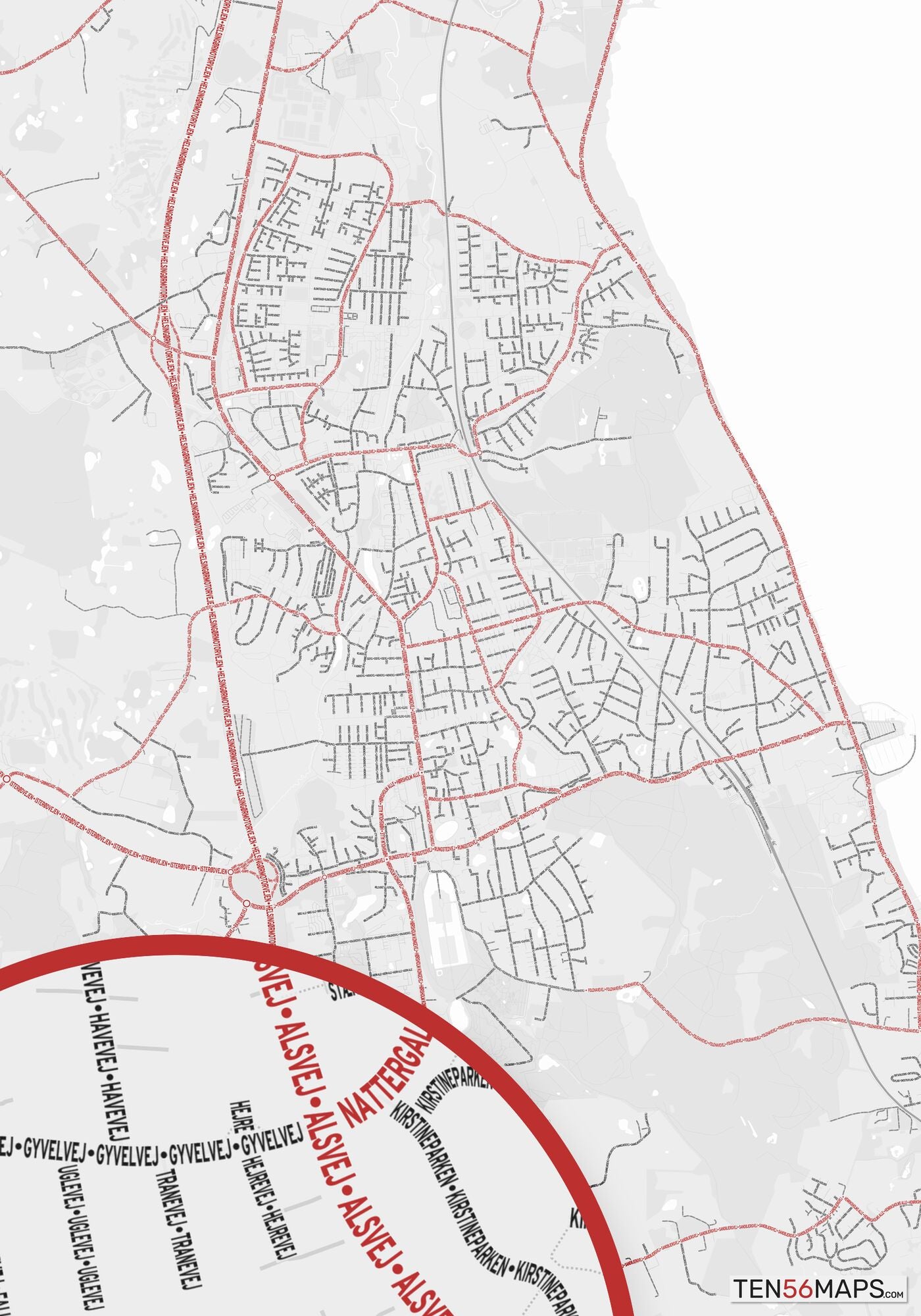 Color Variant Ruby - White with mayor roads in red.