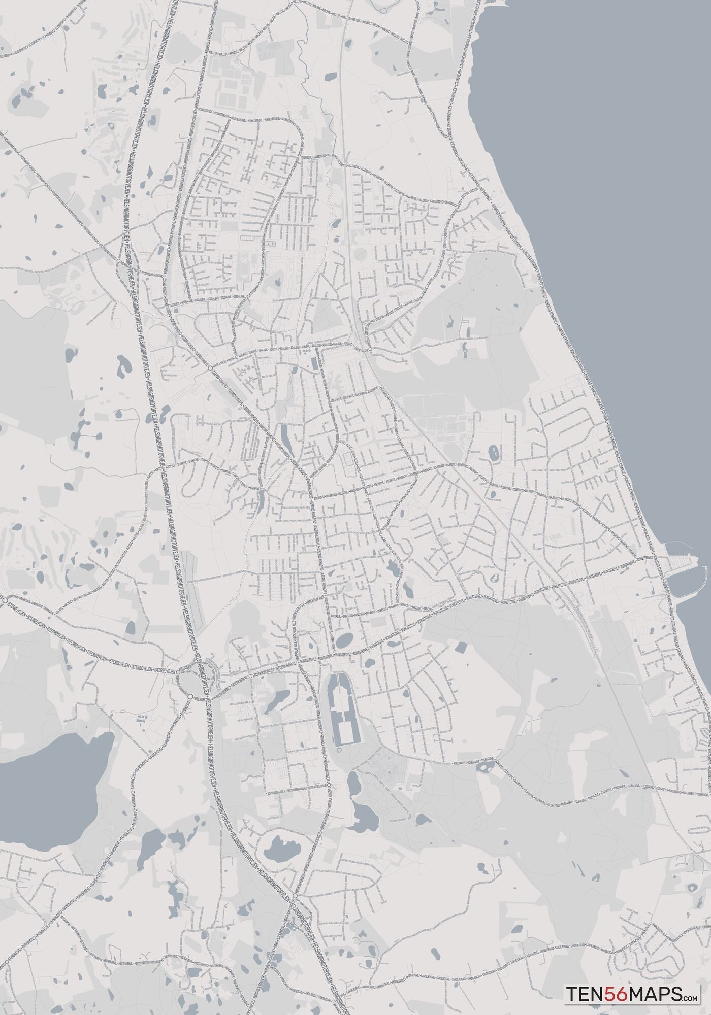 Color Variant Steel - Gray with water and major roads in muted blue.