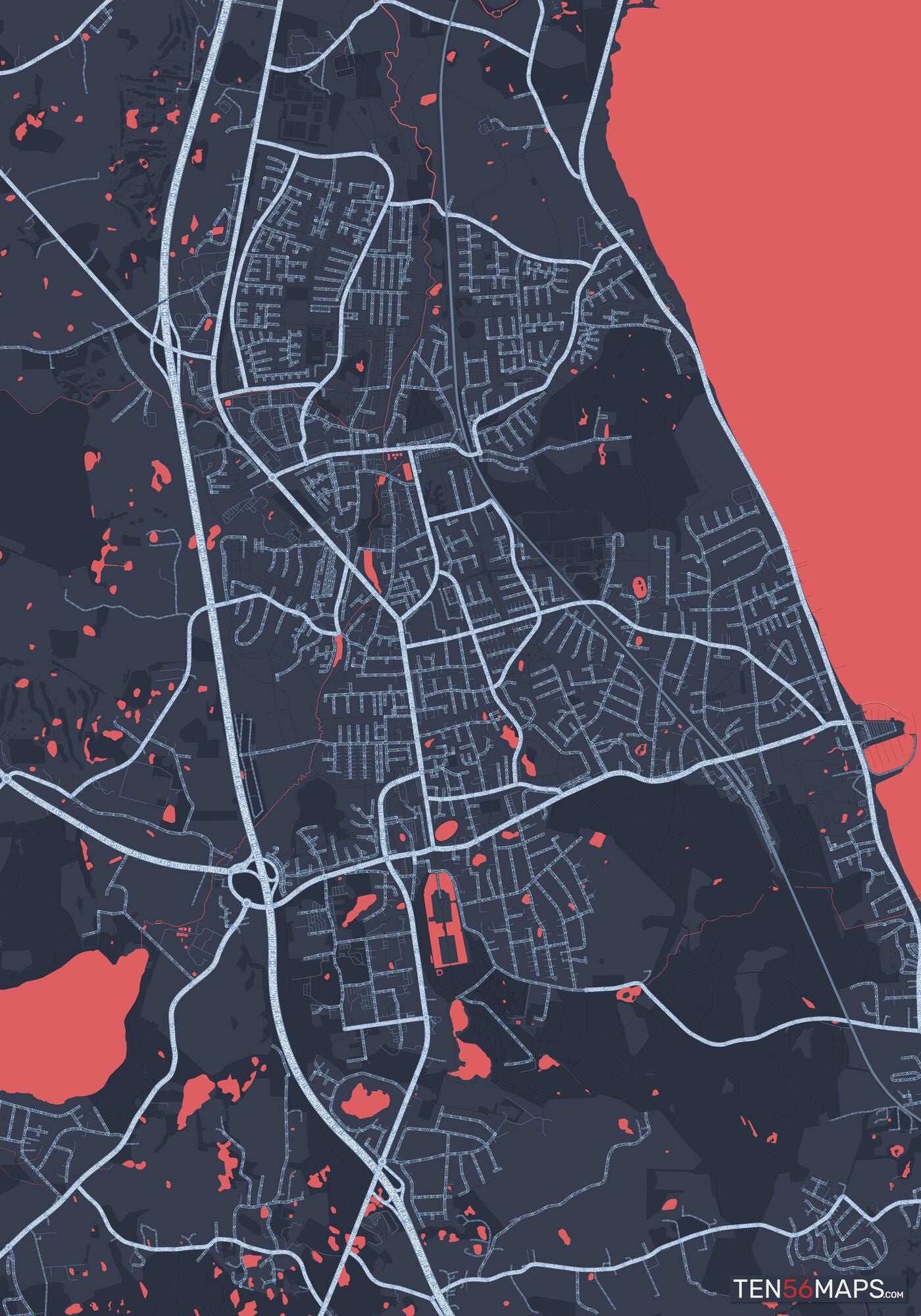 Color Variant Royal - Blue land with water in red.