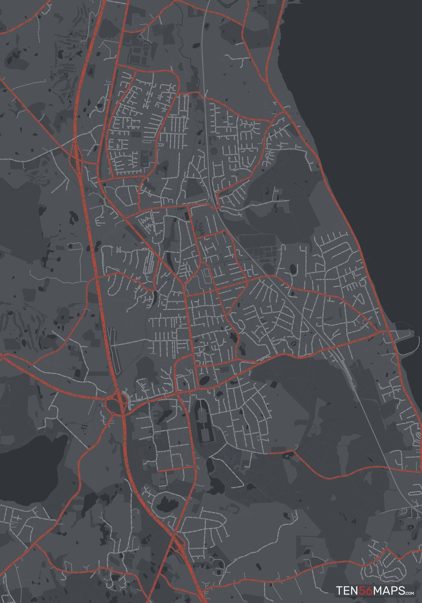Color Variant Slate - Dark grey with major roads in red.