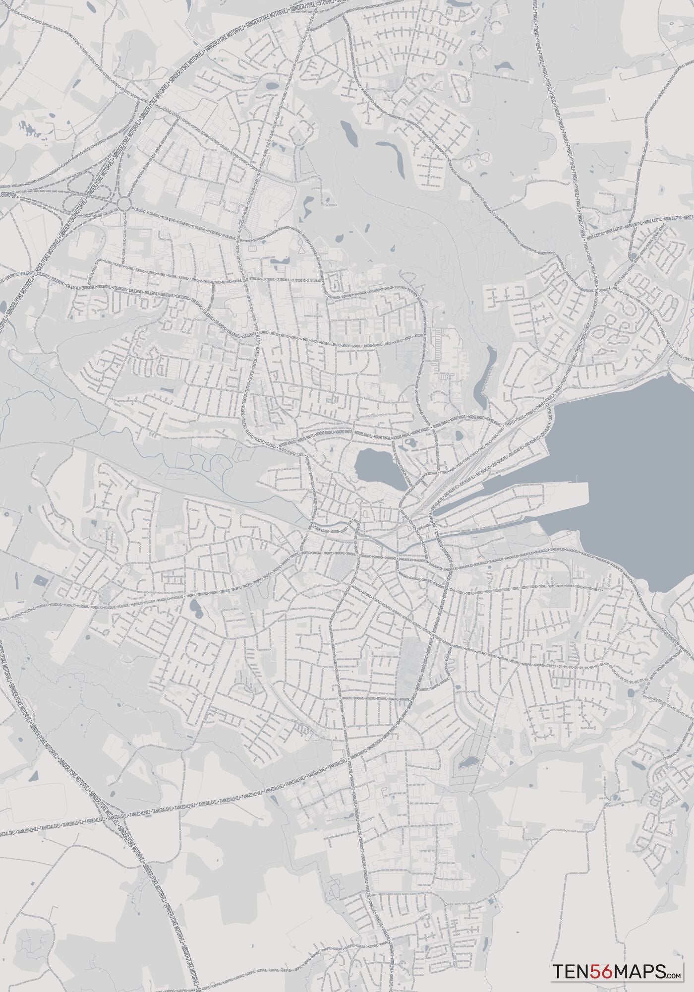 Color Variant Steel - Gray with water and major roads in muted blue.