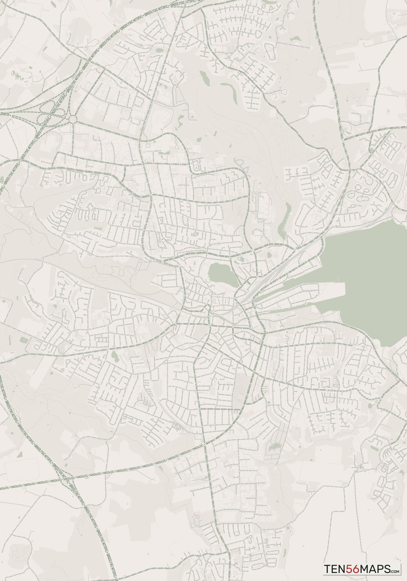 Color Variant Mint - Muted green water and major roads in darker green.