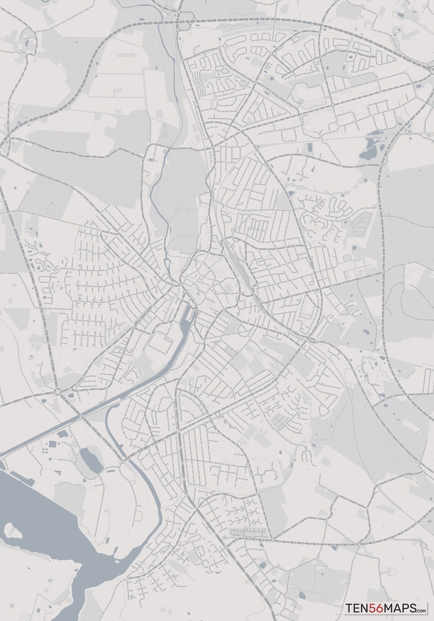Color Variant Steel - Gray with water and major roads in muted blue.