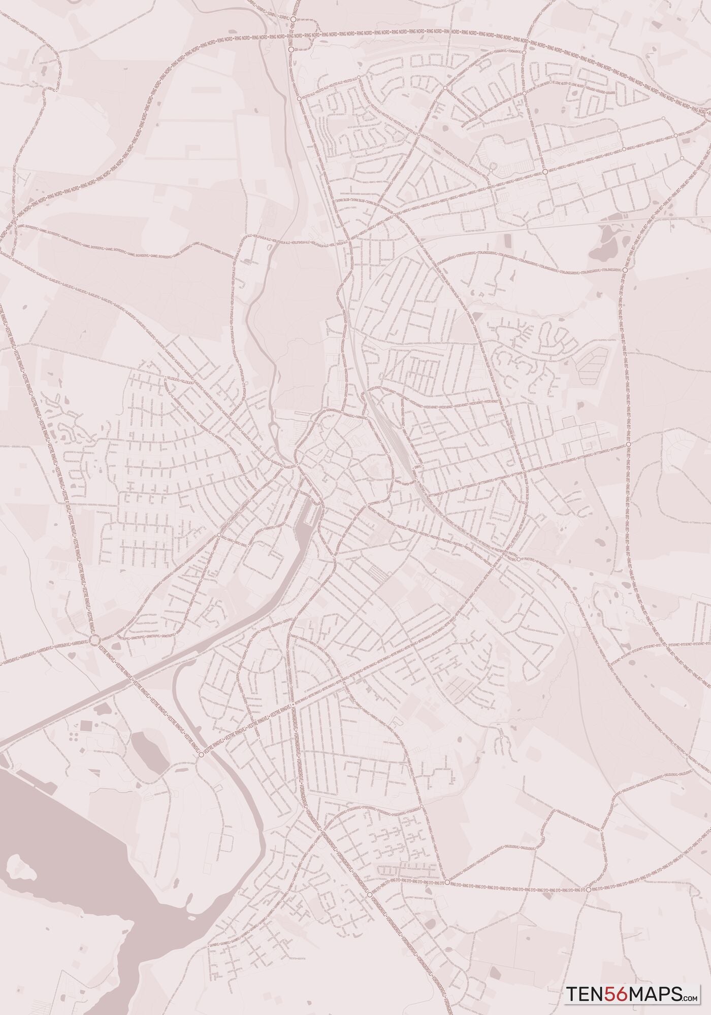 Color Variant Rose - Muted red roads and water.