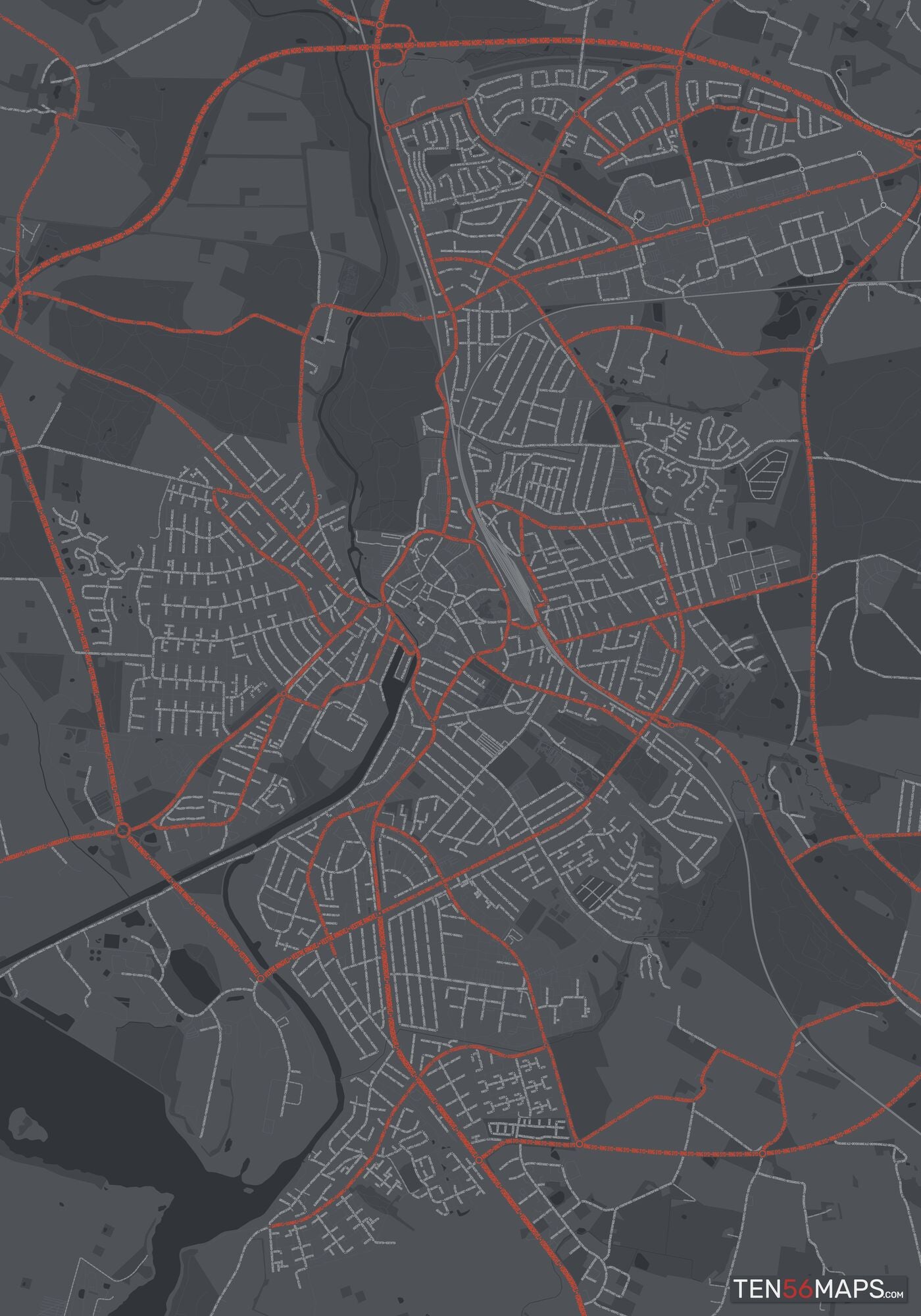 Color Variant Slate - Dark grey with major roads in red.
