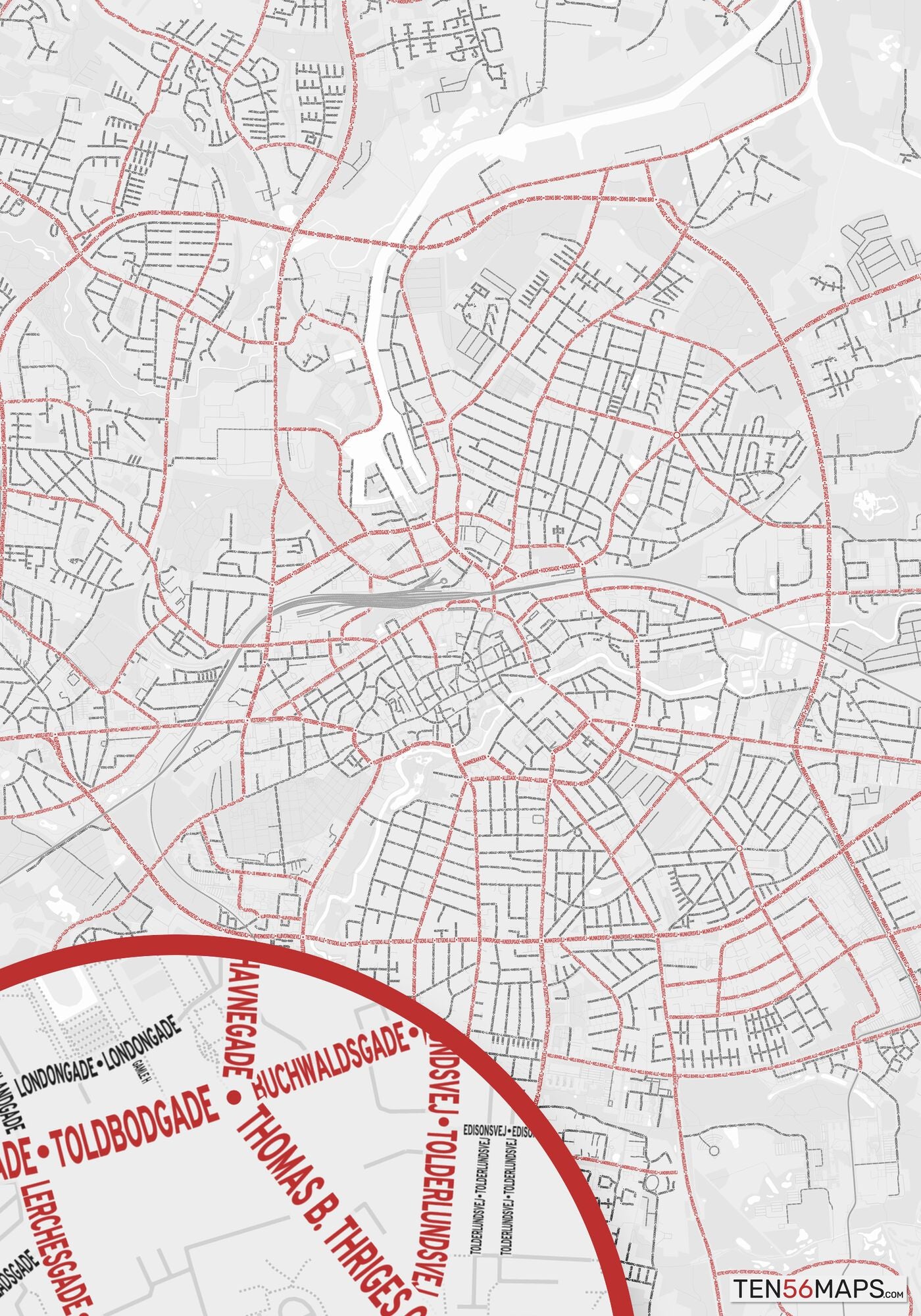 Color Variant Ruby - White with mayor roads in red.