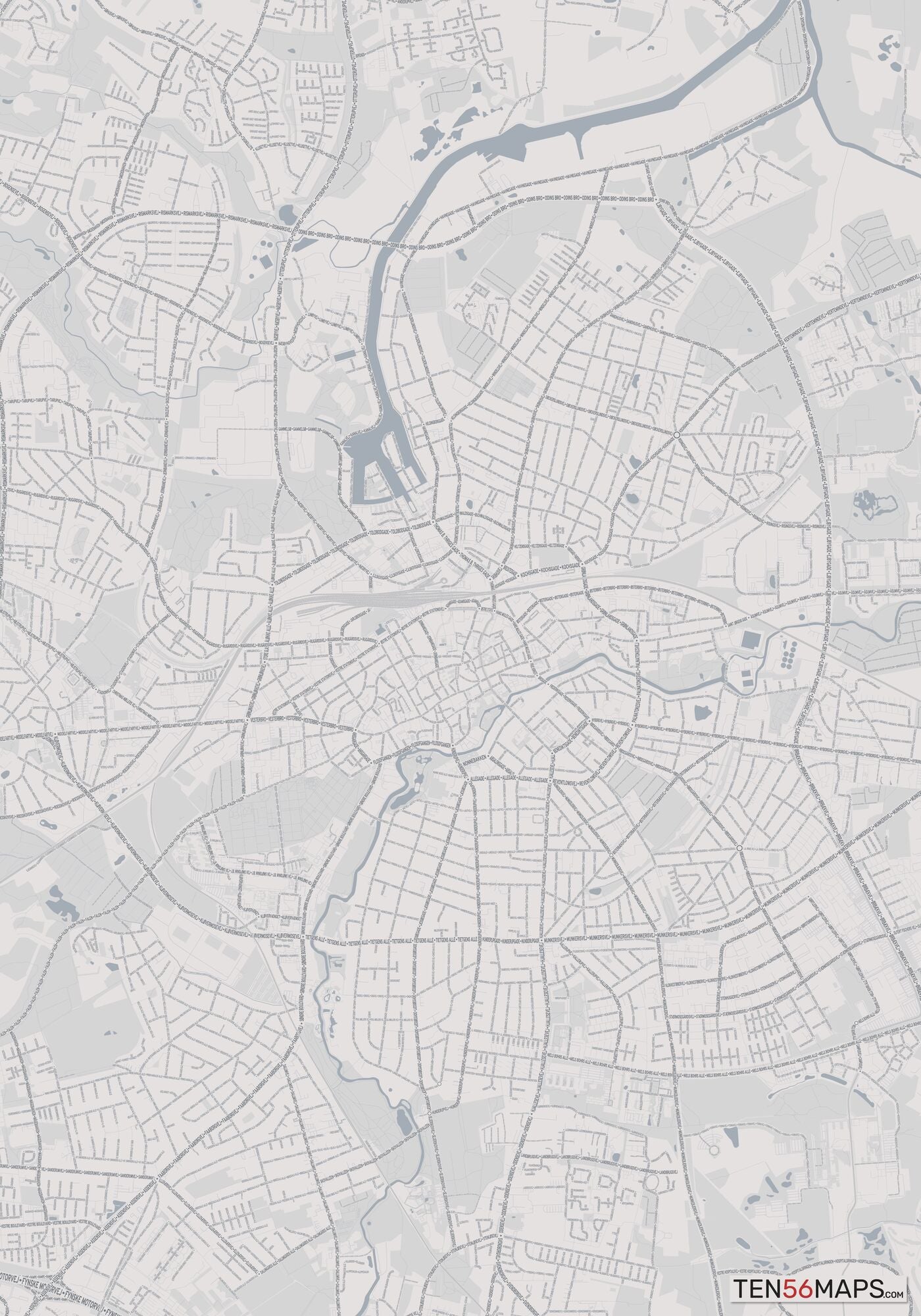 Color Variant Steel - Gray with water and major roads in muted blue.