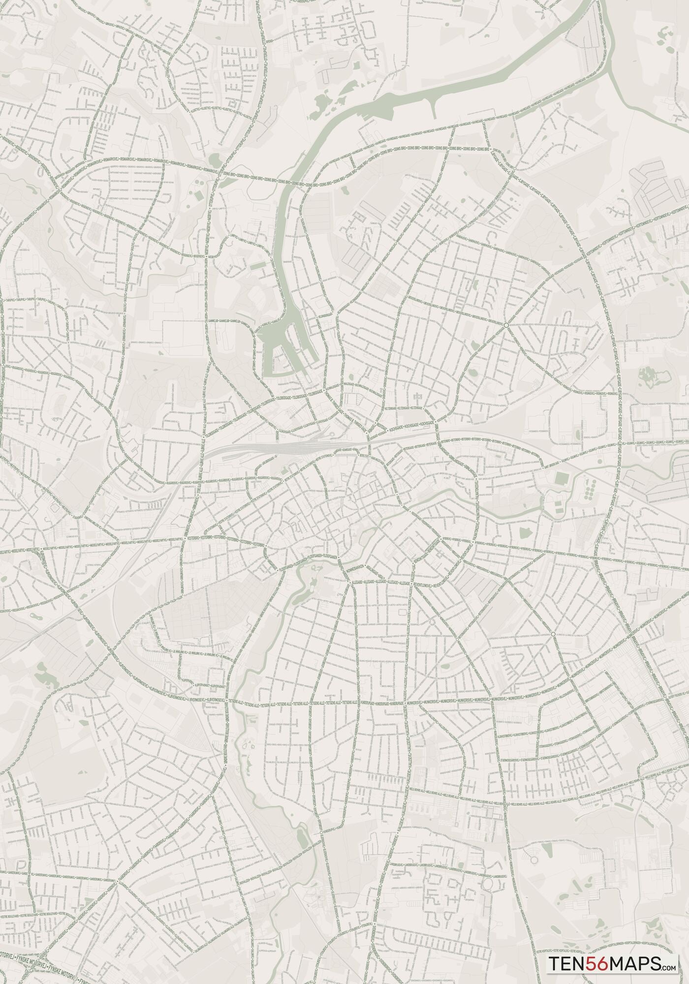 Color Variant Mint - Muted green water and major roads in darker green.