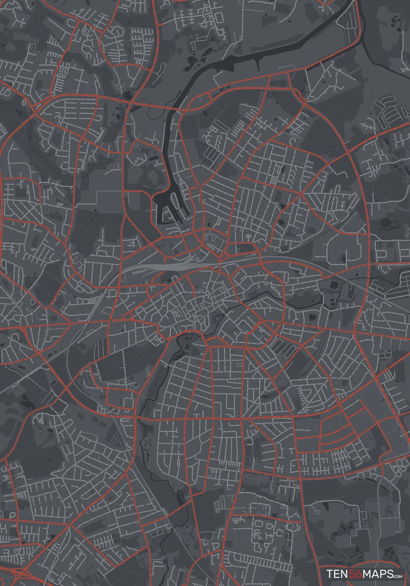 Color Variant Slate - Dark grey with major roads in red.