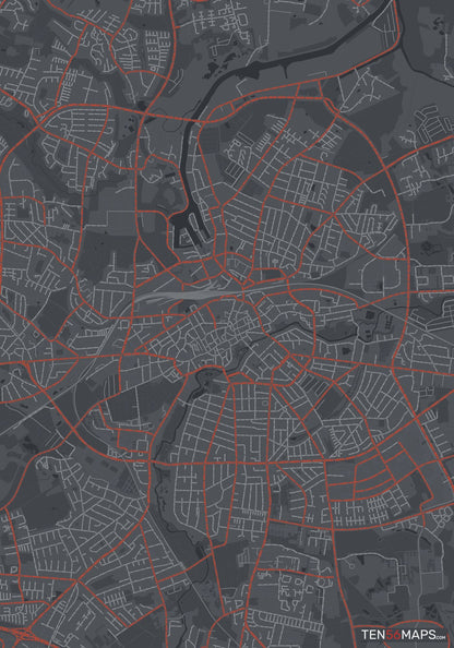 Color Variant Slate - Dark grey with major roads in red.