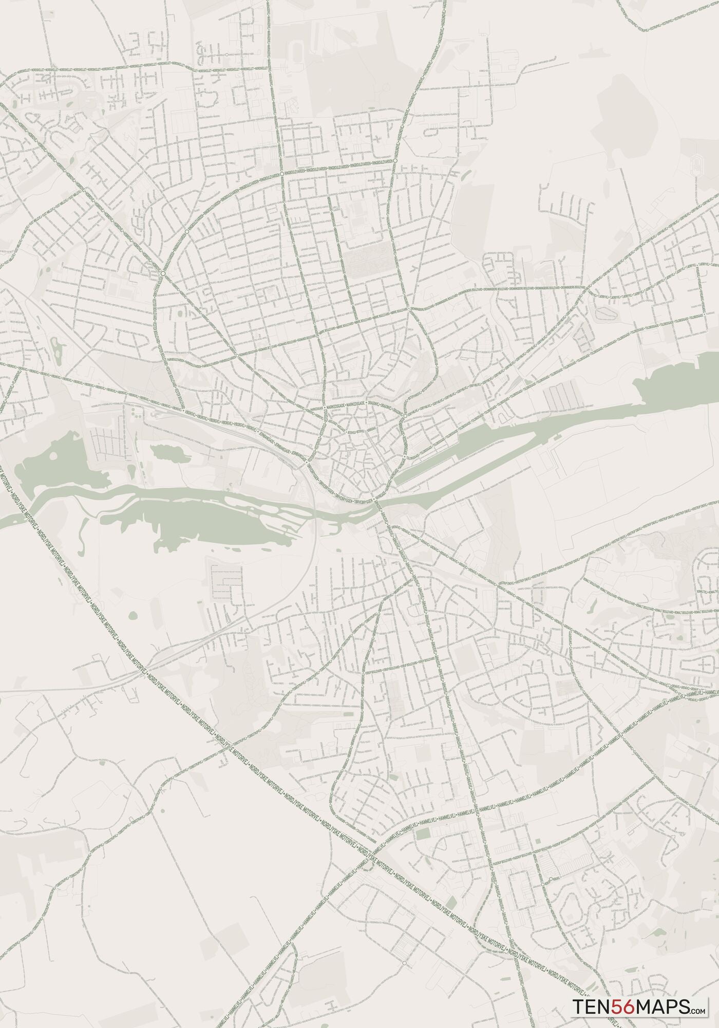 Color Variant Mint - Muted green water and major roads in darker green.